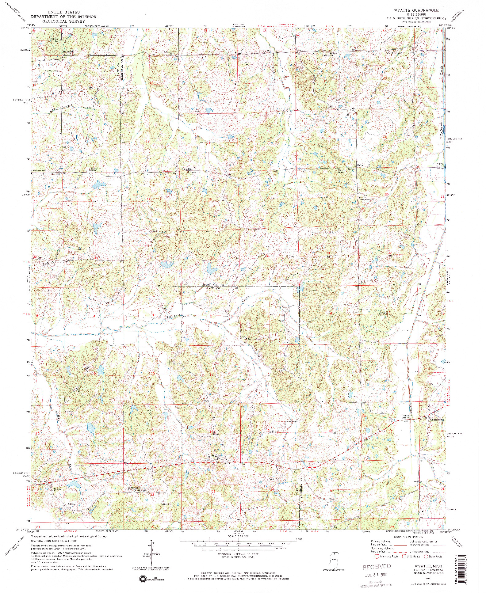USGS 1:24000-SCALE QUADRANGLE FOR WYATTE, MS 1971