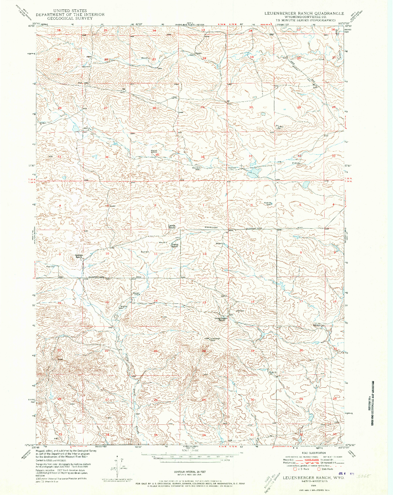 USGS 1:24000-SCALE QUADRANGLE FOR LEUENBERGER RANCH, WY 1949