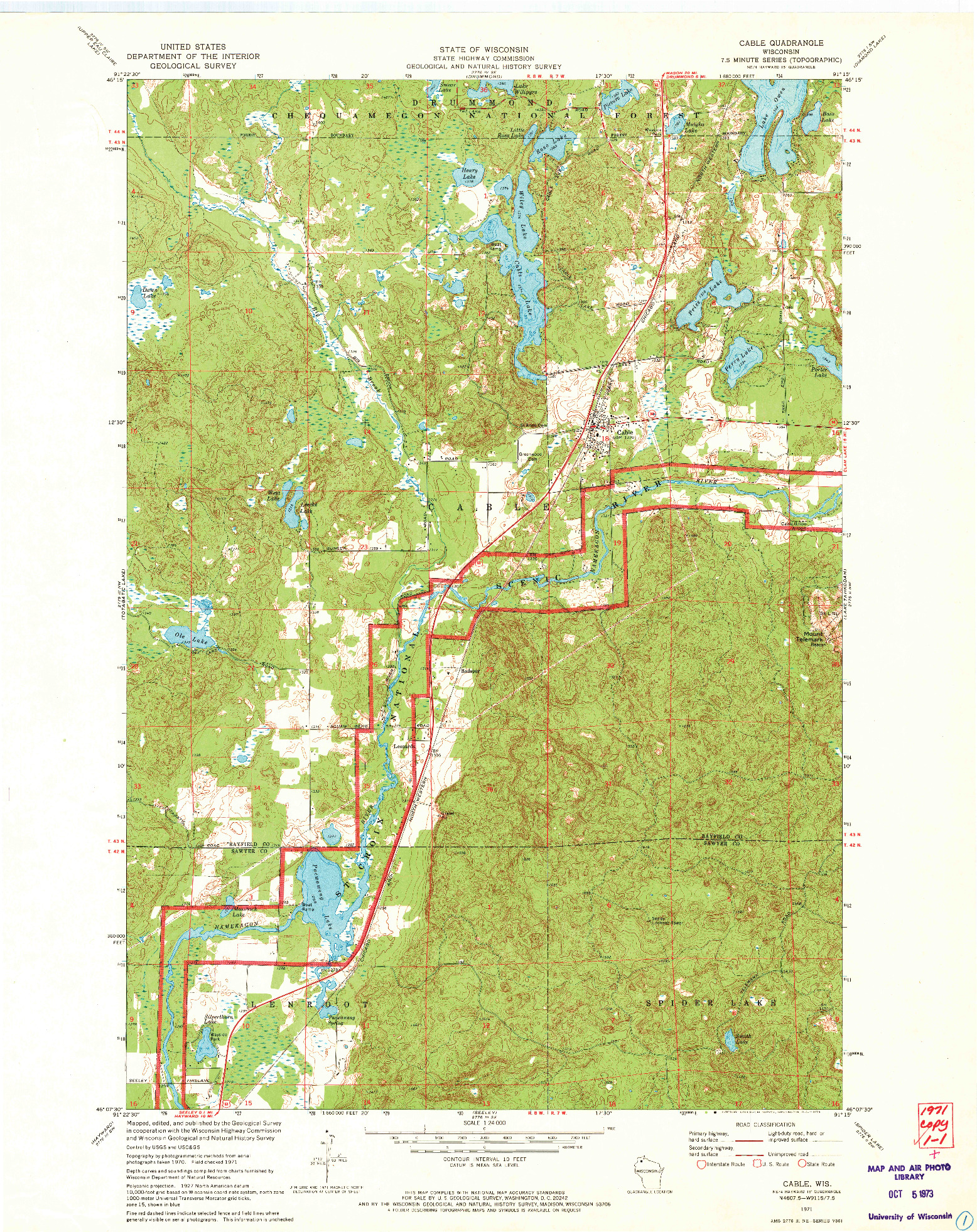 USGS 1:24000-SCALE QUADRANGLE FOR CABLE, WI 1971