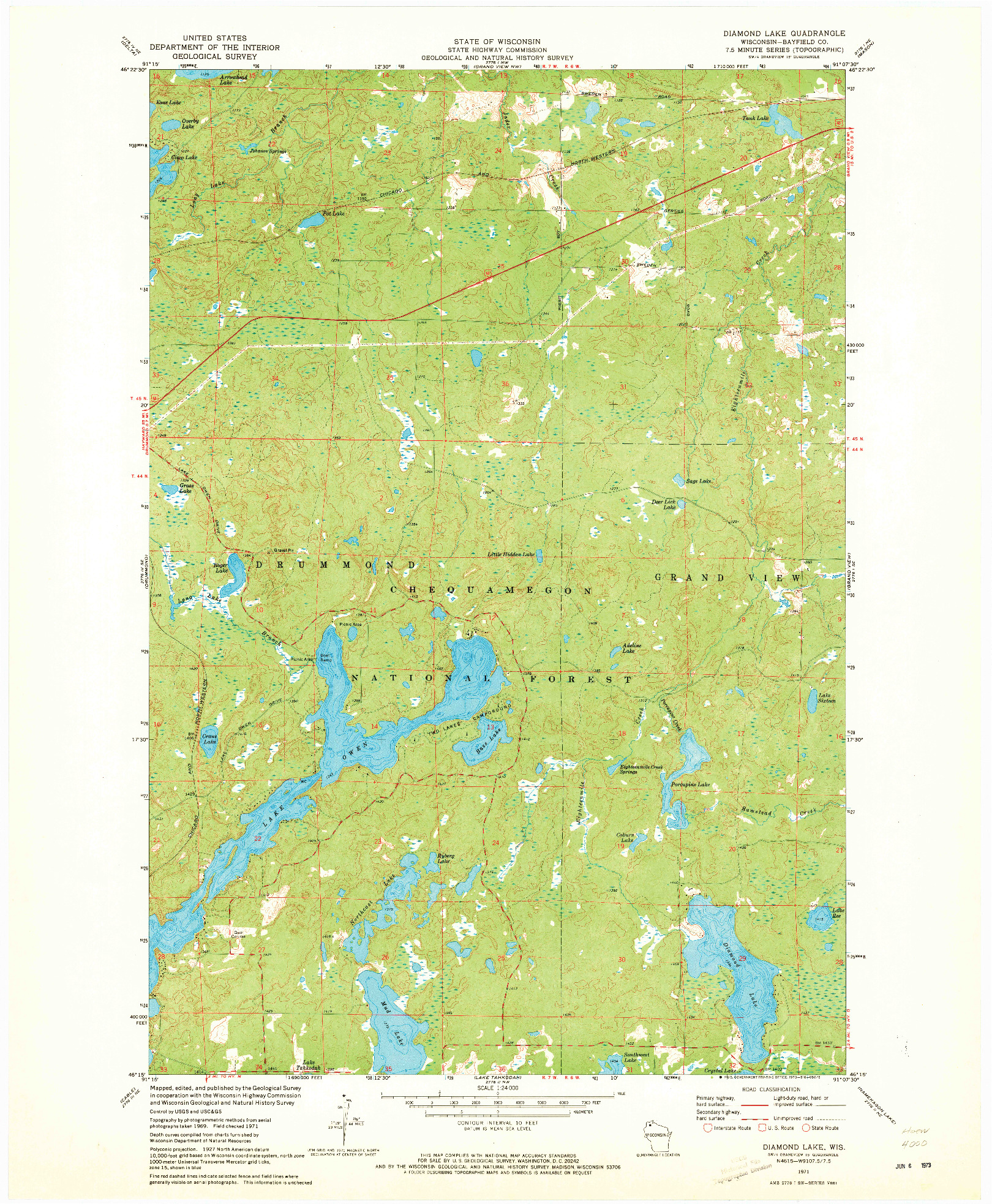 USGS 1:24000-SCALE QUADRANGLE FOR DIAMOND LAKE, WI 1971