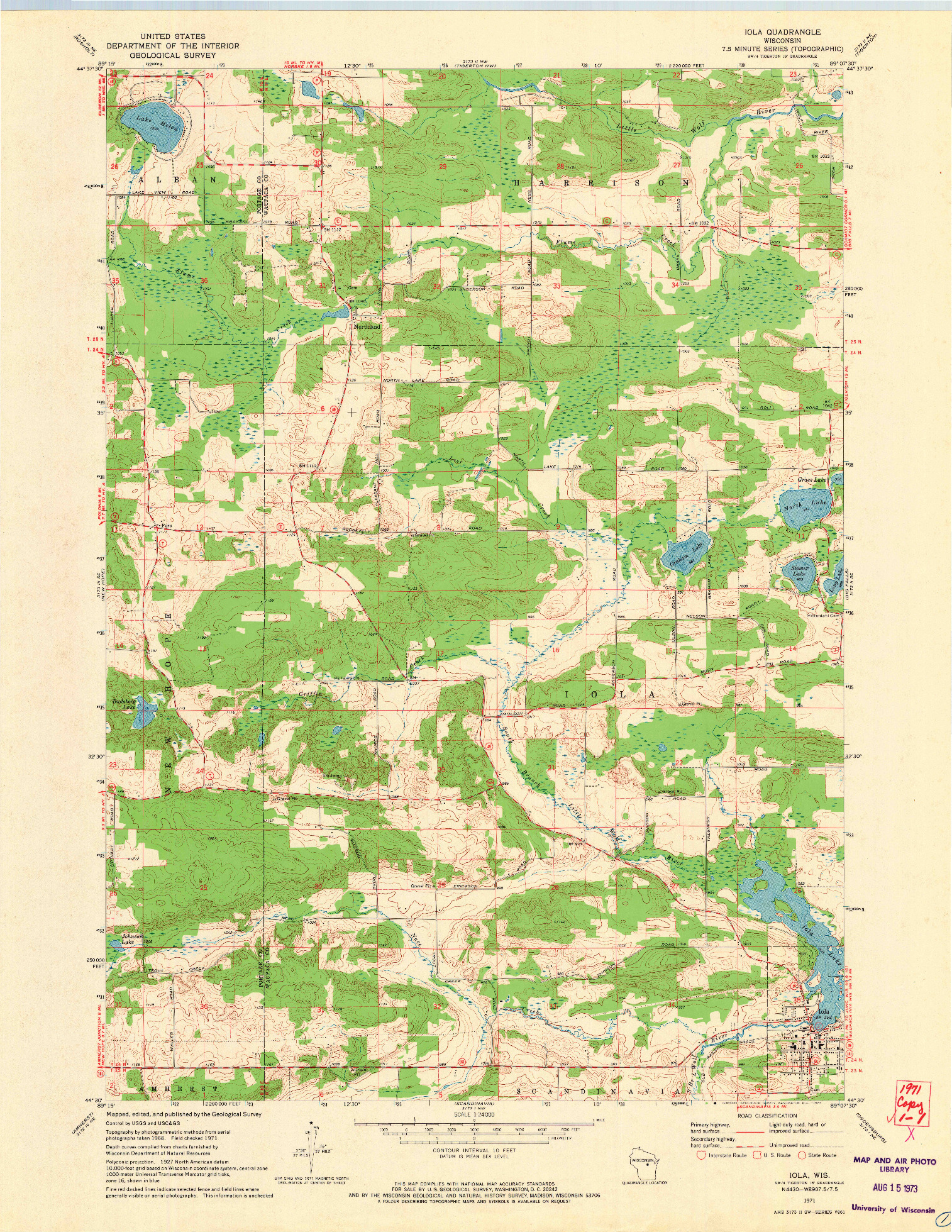USGS 1:24000-SCALE QUADRANGLE FOR IOLA, WI 1971