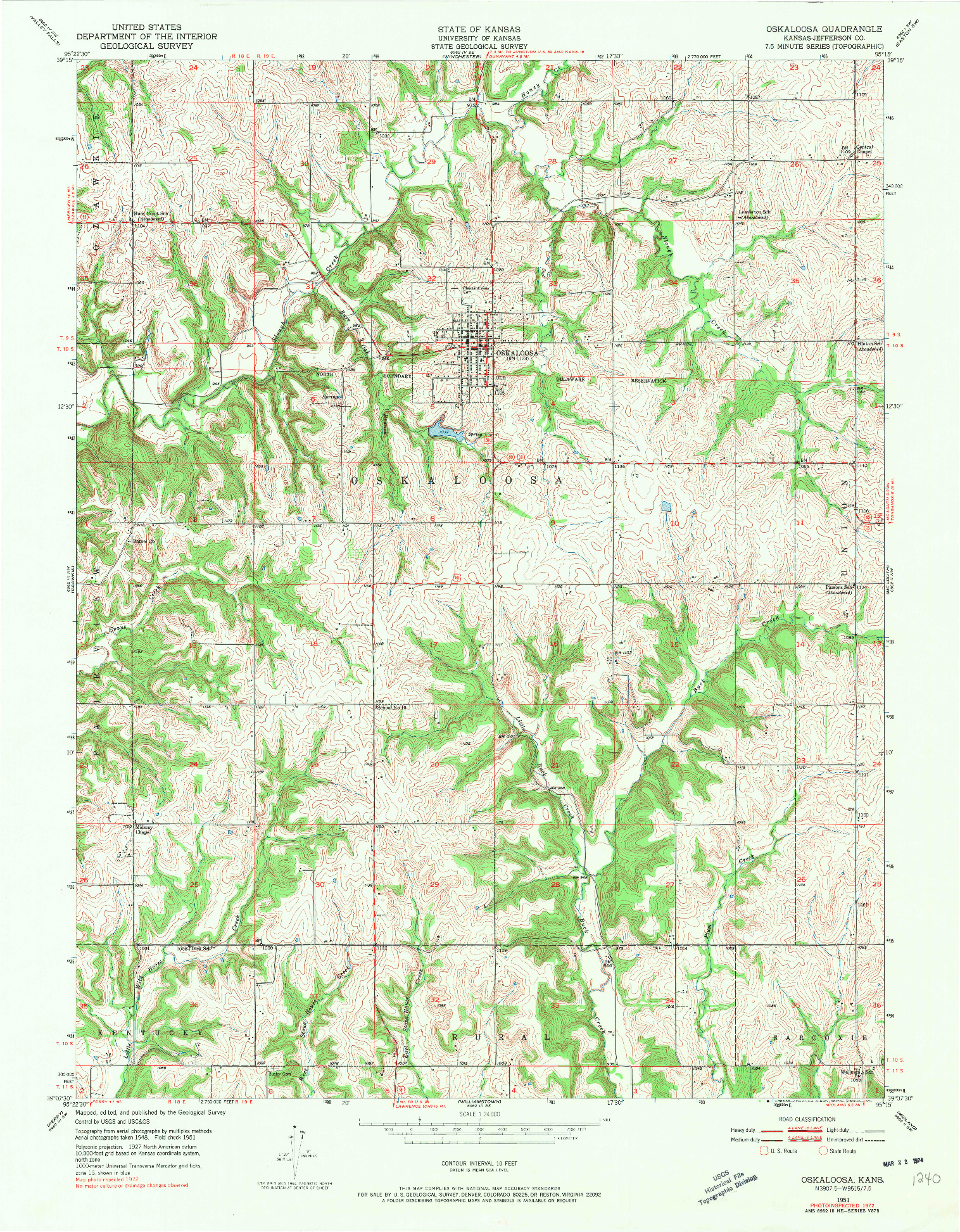 USGS 1:24000-SCALE QUADRANGLE FOR OSKALOOSA, KS 1951