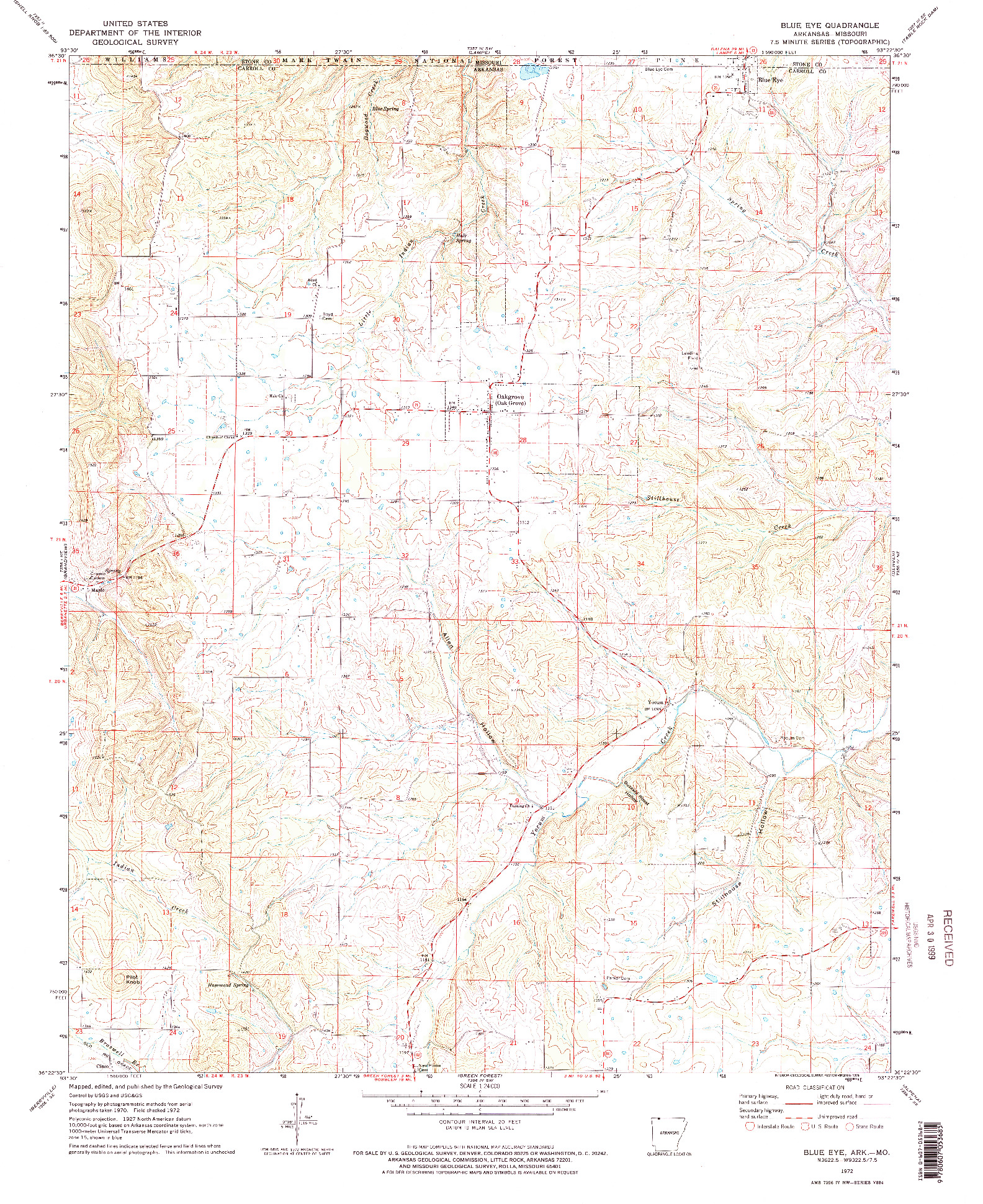 USGS 1:24000-SCALE QUADRANGLE FOR BLUE EYE, AR 1972