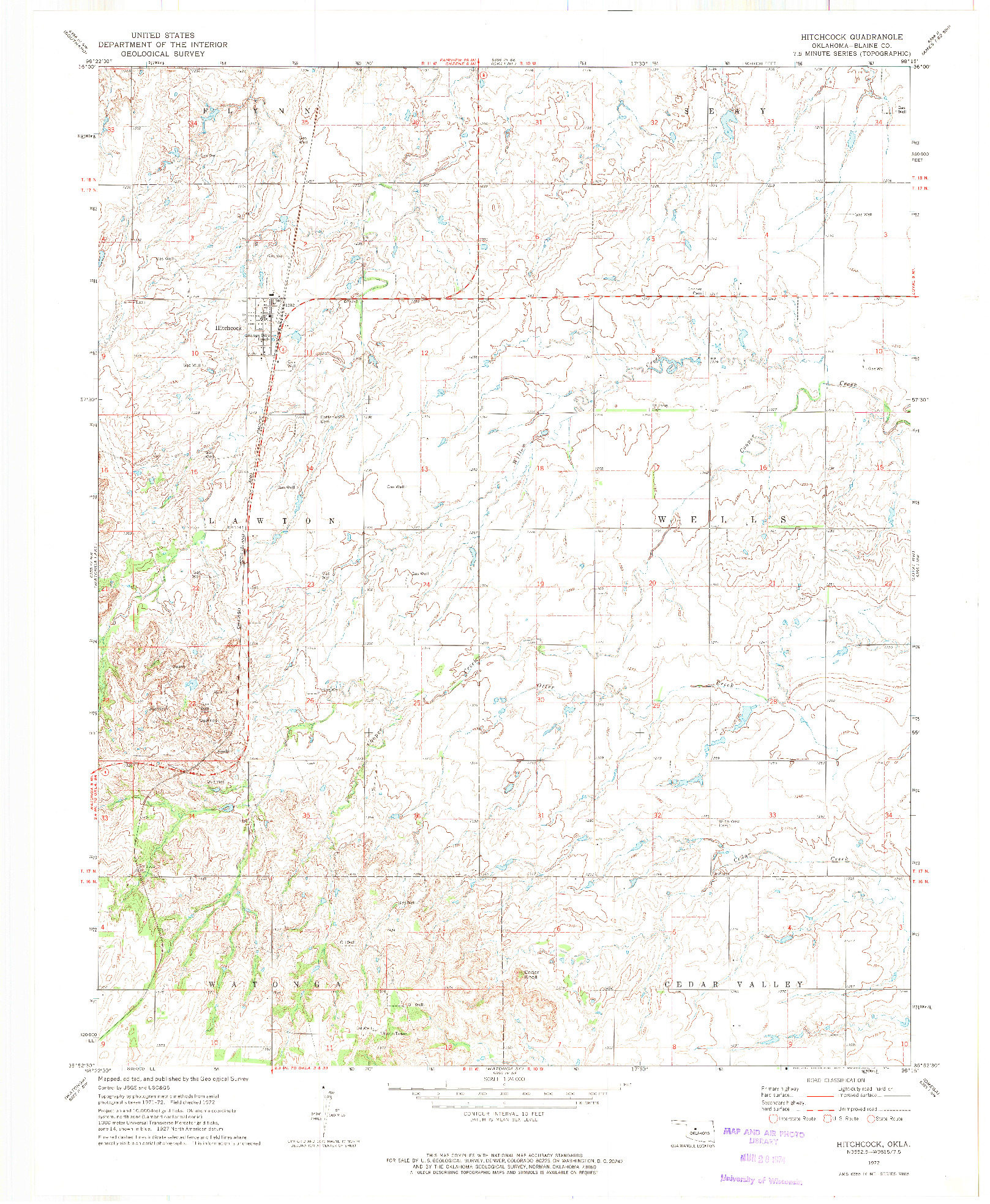 USGS 1:24000-SCALE QUADRANGLE FOR HITCHCOCK, OK 1972