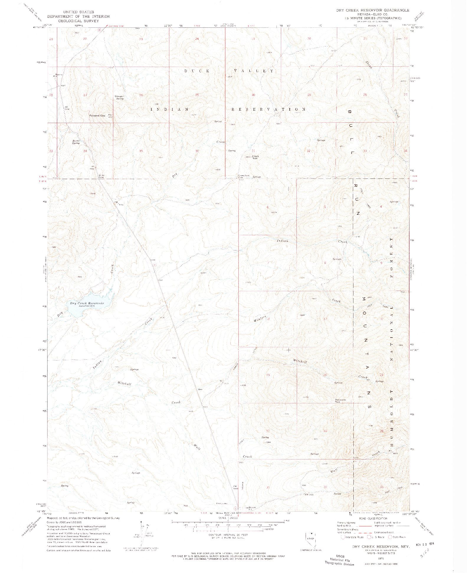 USGS 1:24000-SCALE QUADRANGLE FOR DRY CREEK RESERVOIR, NV 1971