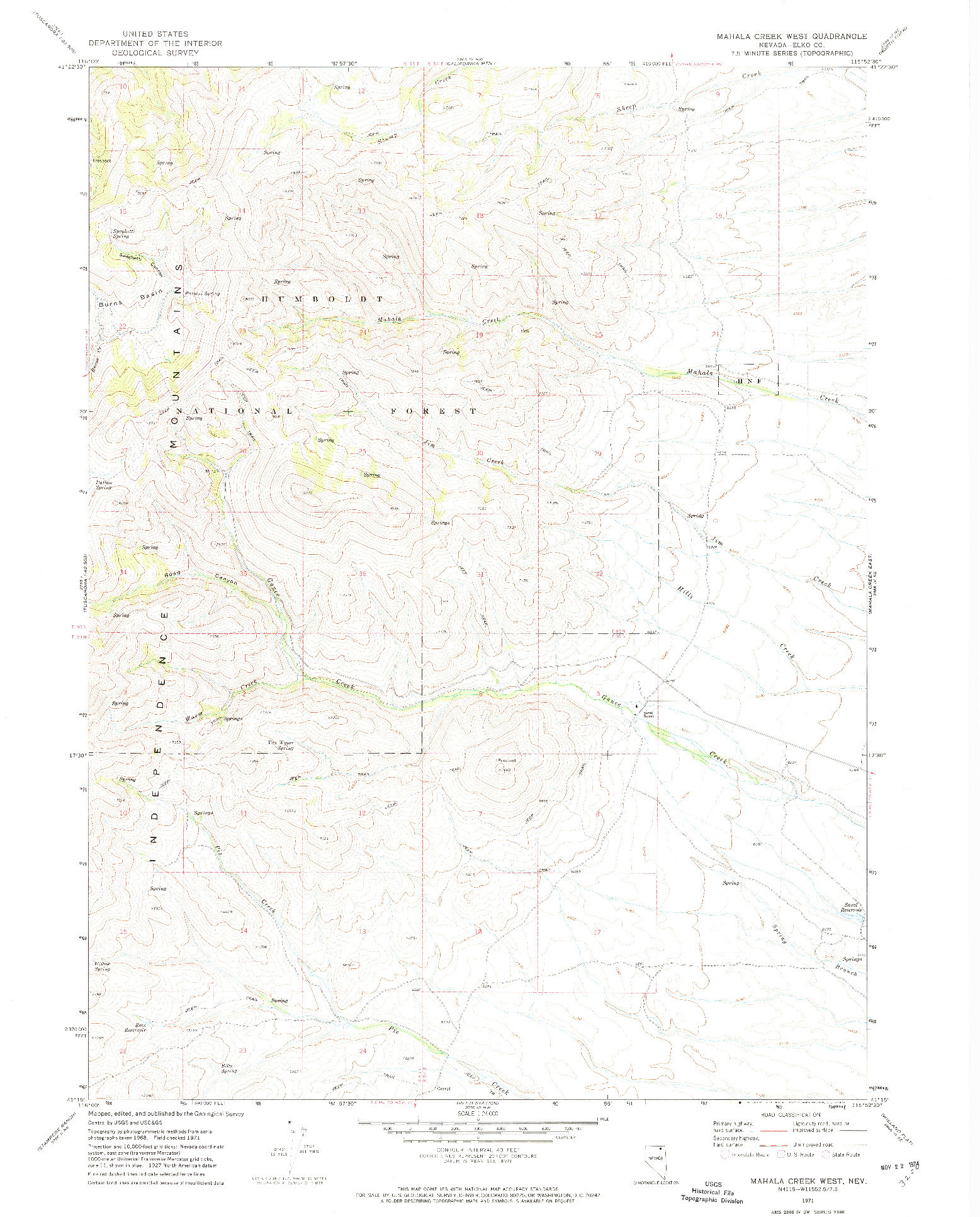 USGS 1:24000-SCALE QUADRANGLE FOR MAHALA CREEK WEST, NV 1971