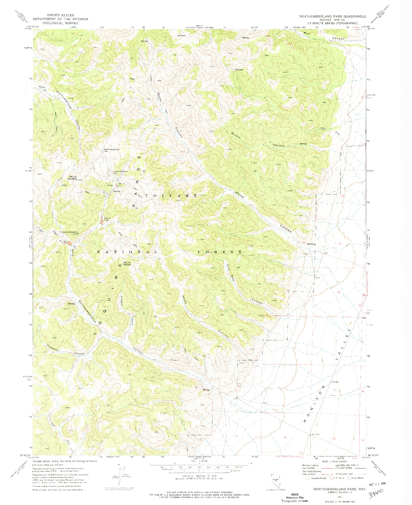 USGS 1:24000-SCALE QUADRANGLE FOR NORTHUMBERLAND PASS, NV 1971