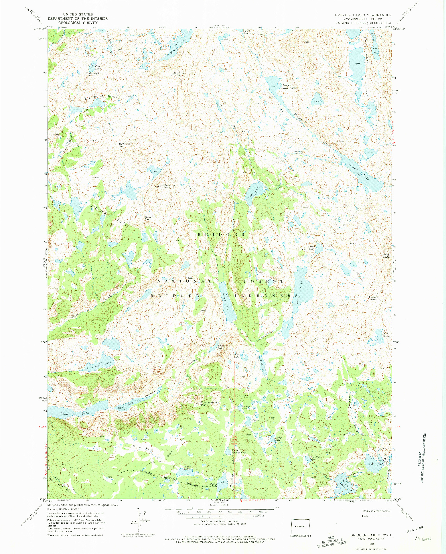 USGS 1:24000-SCALE QUADRANGLE FOR BRIDGER LAKES, WY 1968