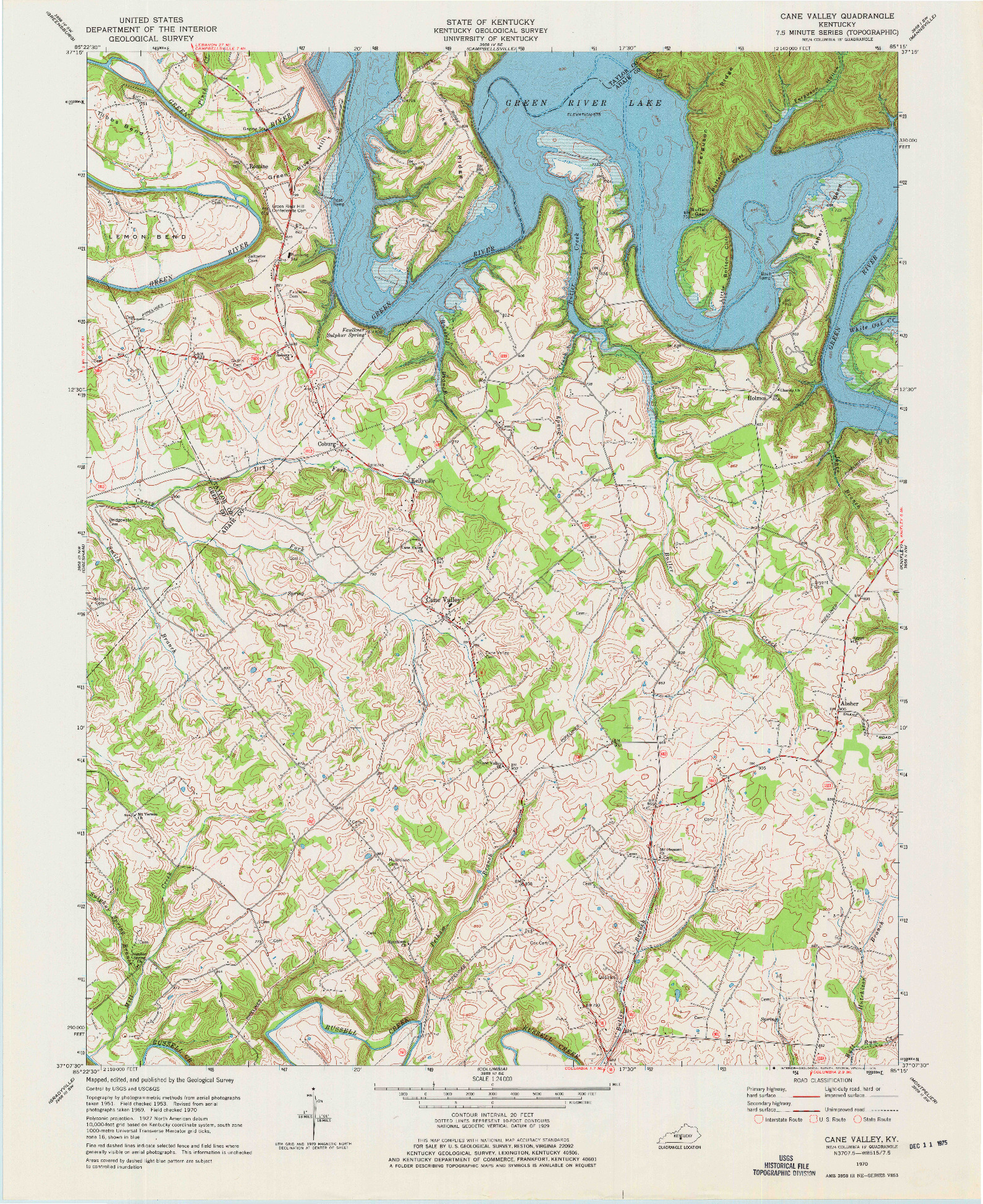 USGS 1:24000-SCALE QUADRANGLE FOR CANE VALLEY, KY 1970