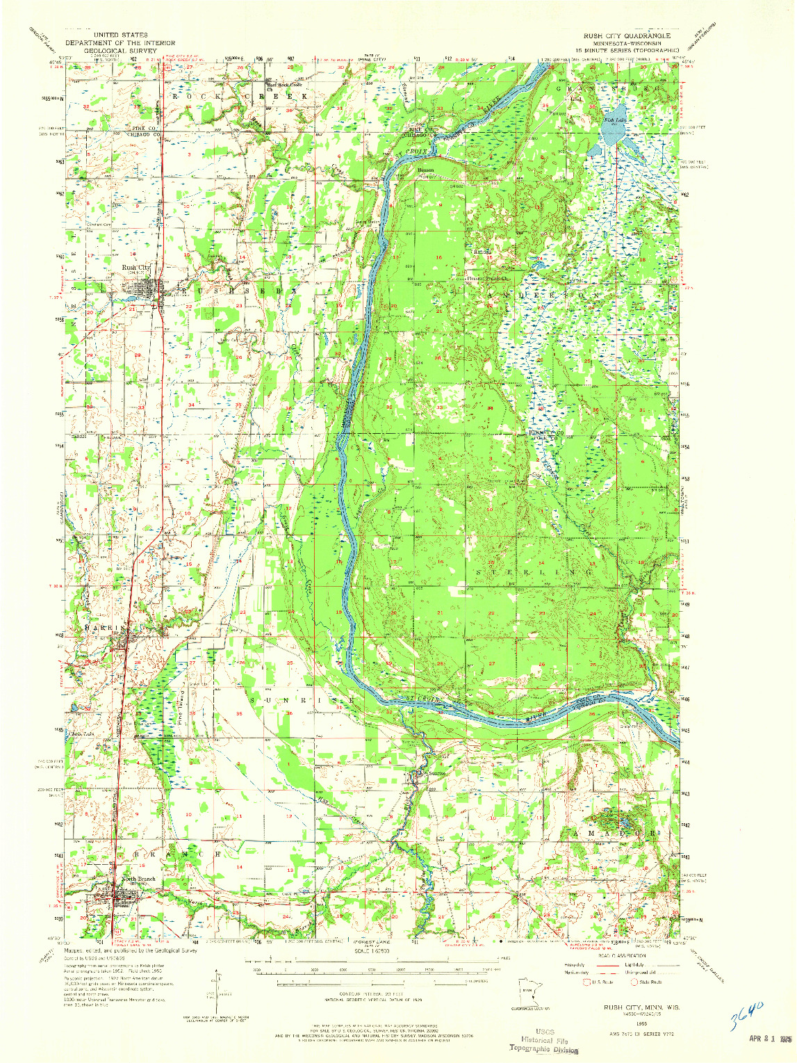 USGS 1:62500-SCALE QUADRANGLE FOR RUSH CITY, MN 1955