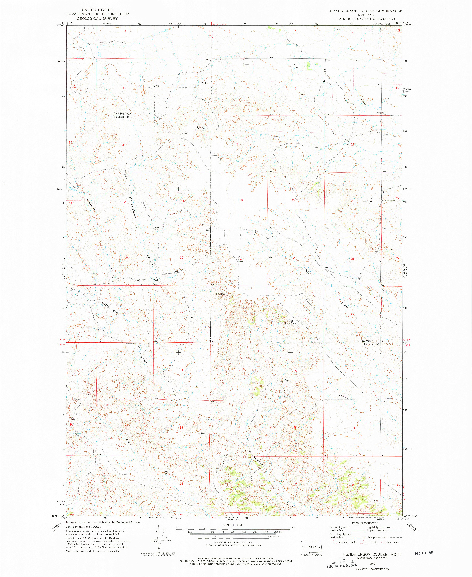 USGS 1:24000-SCALE QUADRANGLE FOR HENDRICKSON COULEE, MT 1972