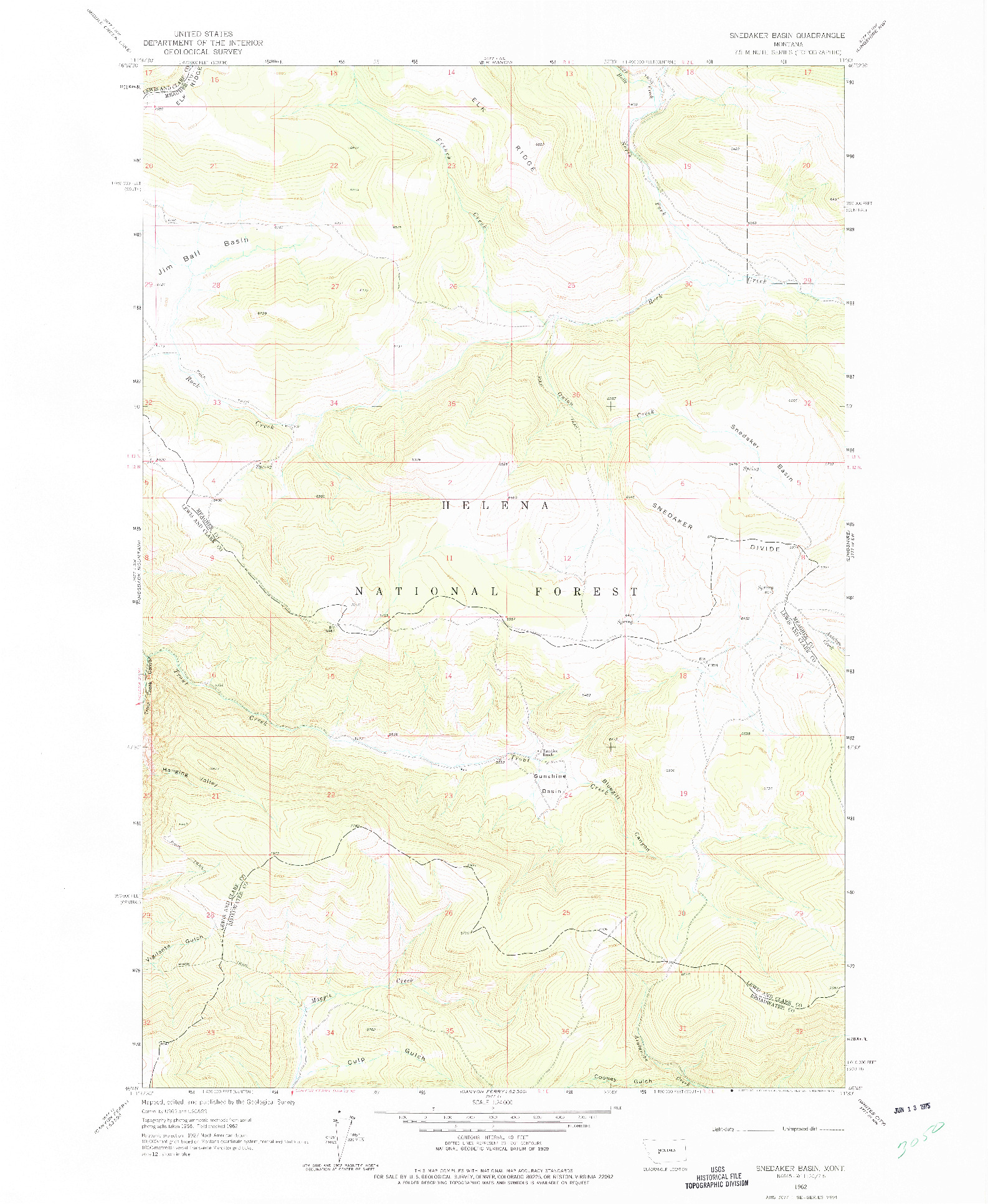 USGS 1:24000-SCALE QUADRANGLE FOR SNEDAKER BASIN, MT 1962