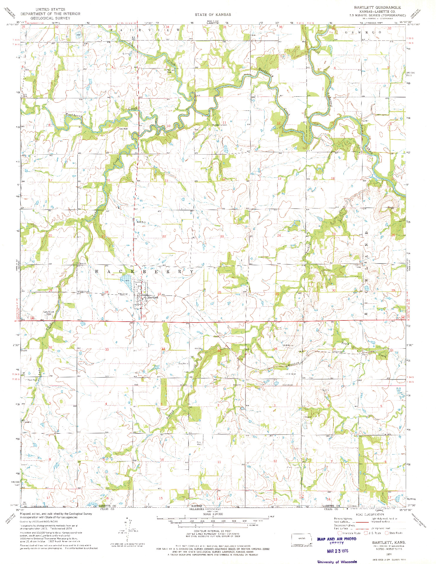 USGS 1:24000-SCALE QUADRANGLE FOR BARTLETT, KS 1974