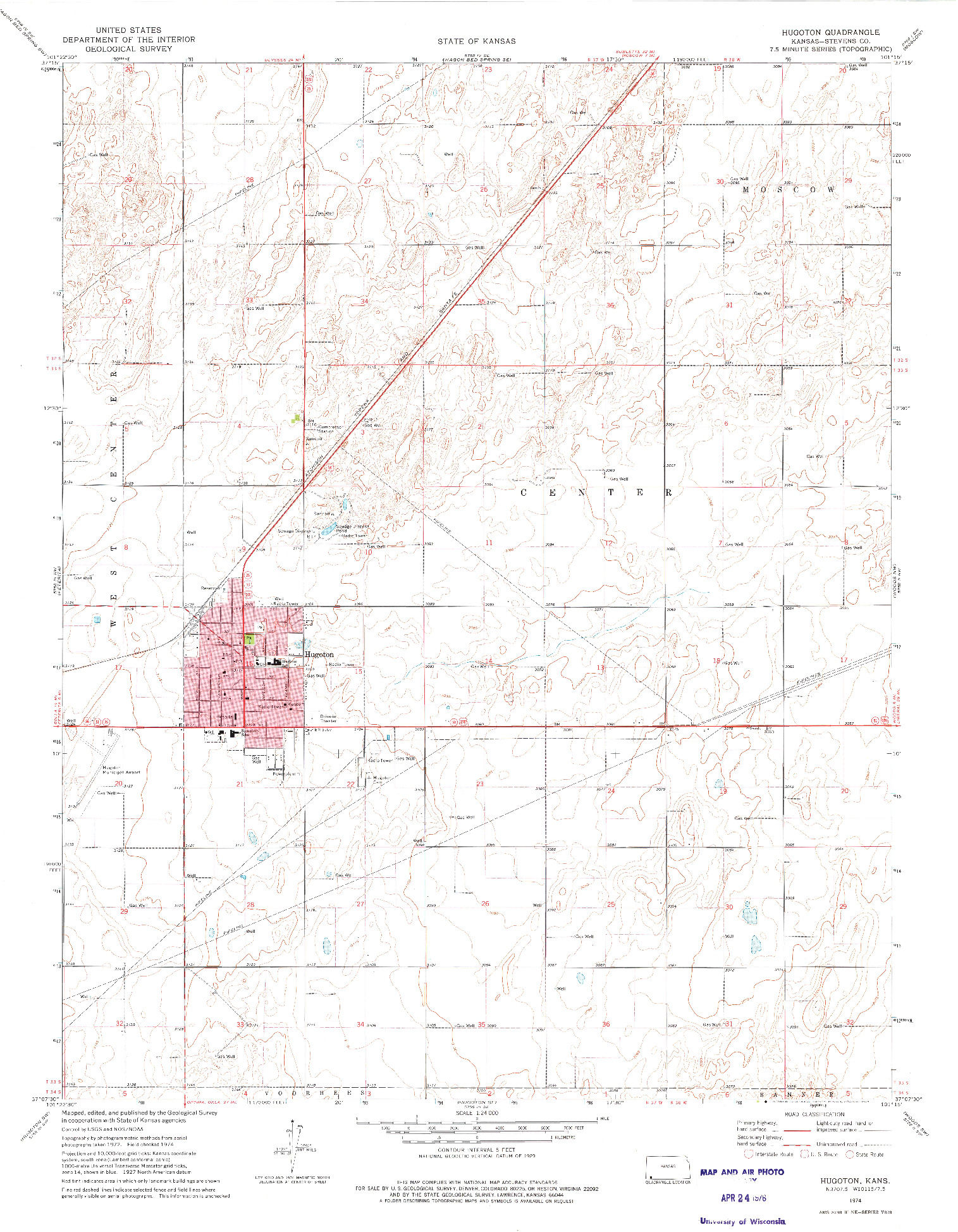 USGS 1:24000-SCALE QUADRANGLE FOR HUGOTON, KS 1974
