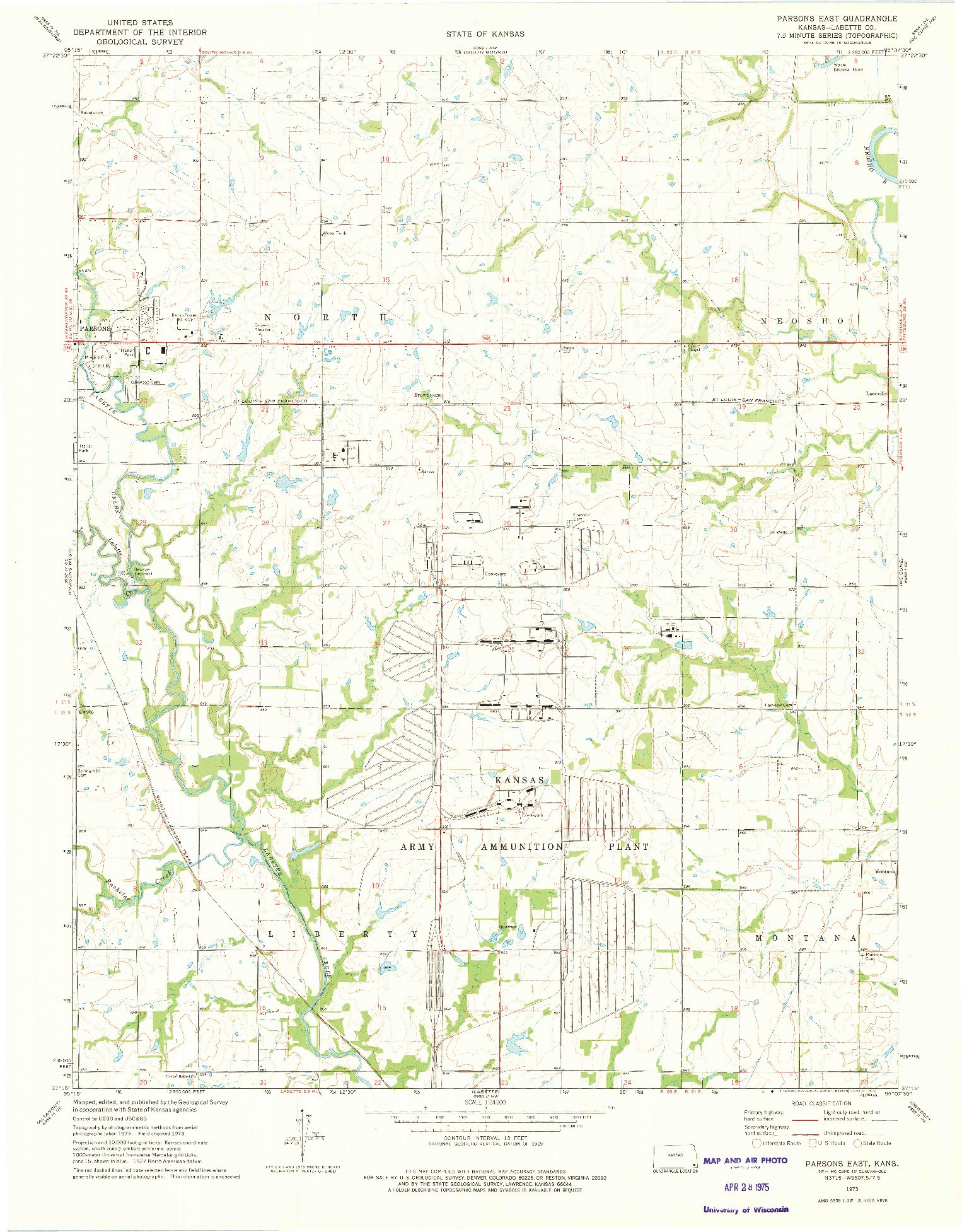 USGS 1:24000-SCALE QUADRANGLE FOR PARSONS EAST, KS 1973