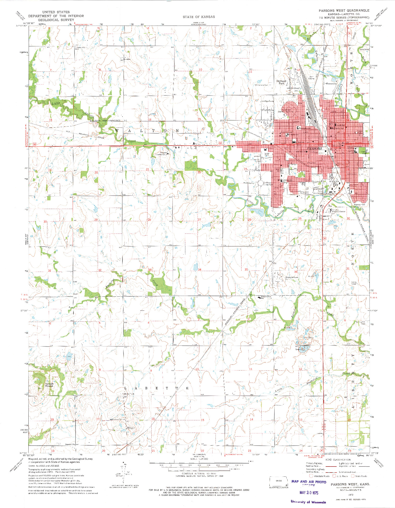 USGS 1:24000-SCALE QUADRANGLE FOR PARSONS WEST, KS 1973