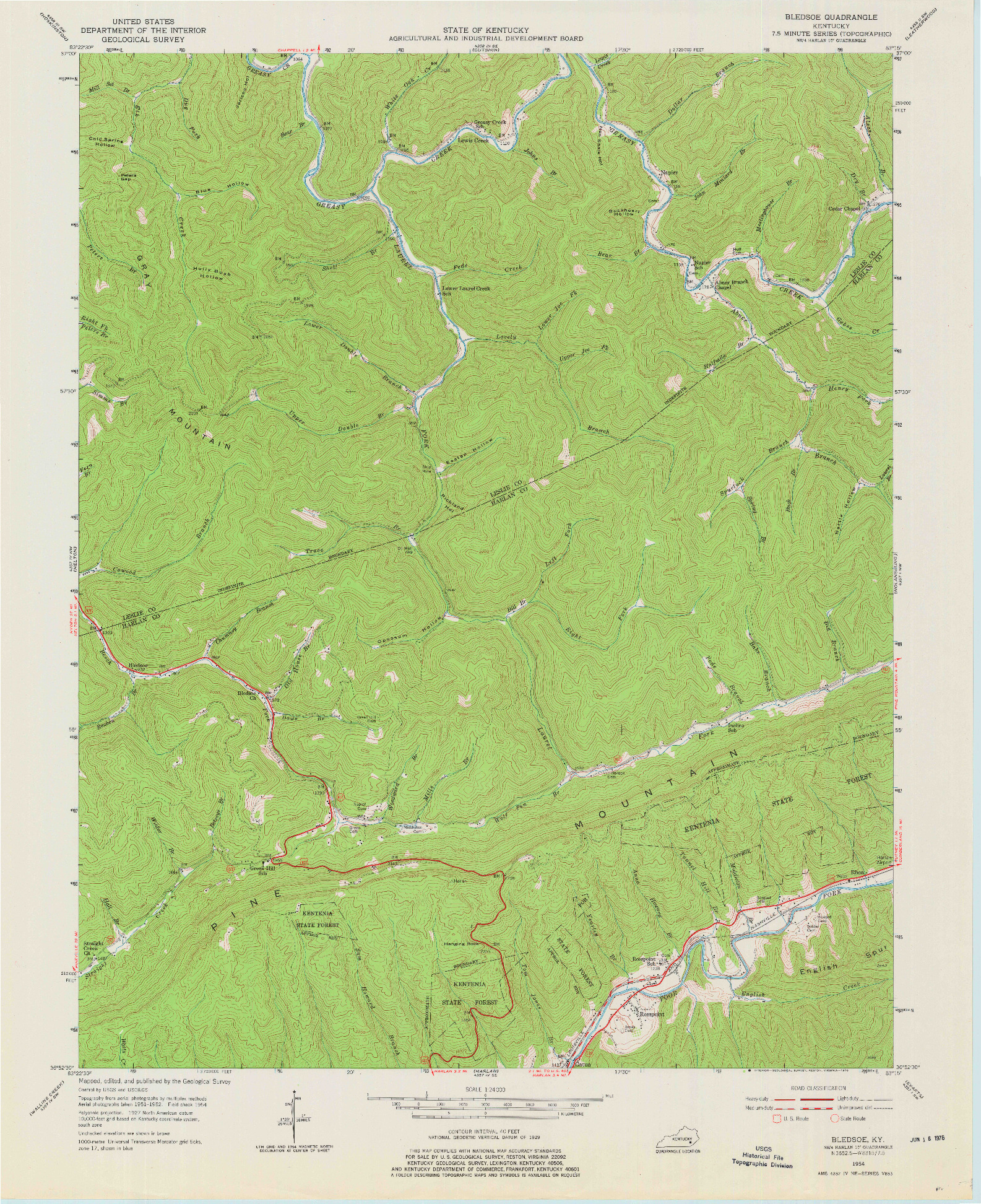 USGS 1:24000-SCALE QUADRANGLE FOR BLEDSOE, KY 1954