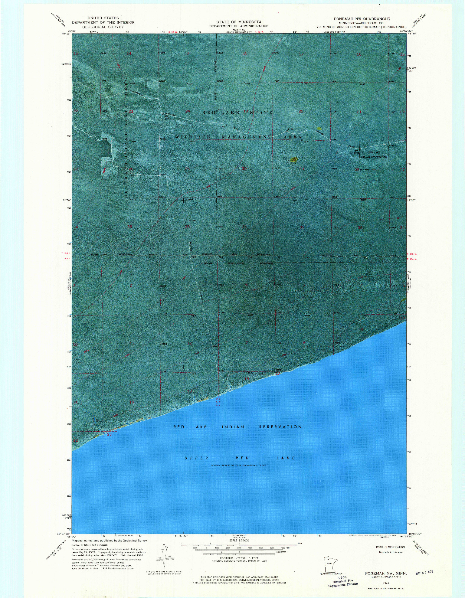 USGS 1:24000-SCALE QUADRANGLE FOR PONEMAH NW, MN 1974