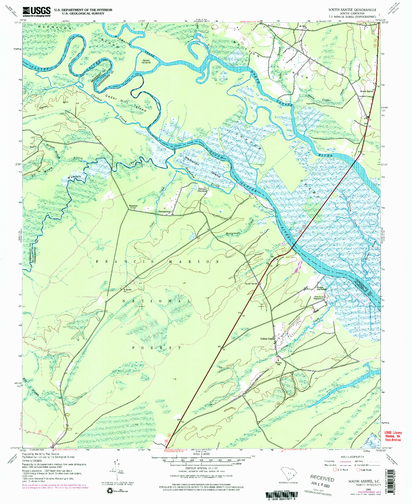 USGS 1:24000-SCALE QUADRANGLE FOR SOUTH SANTEE, SC 1943