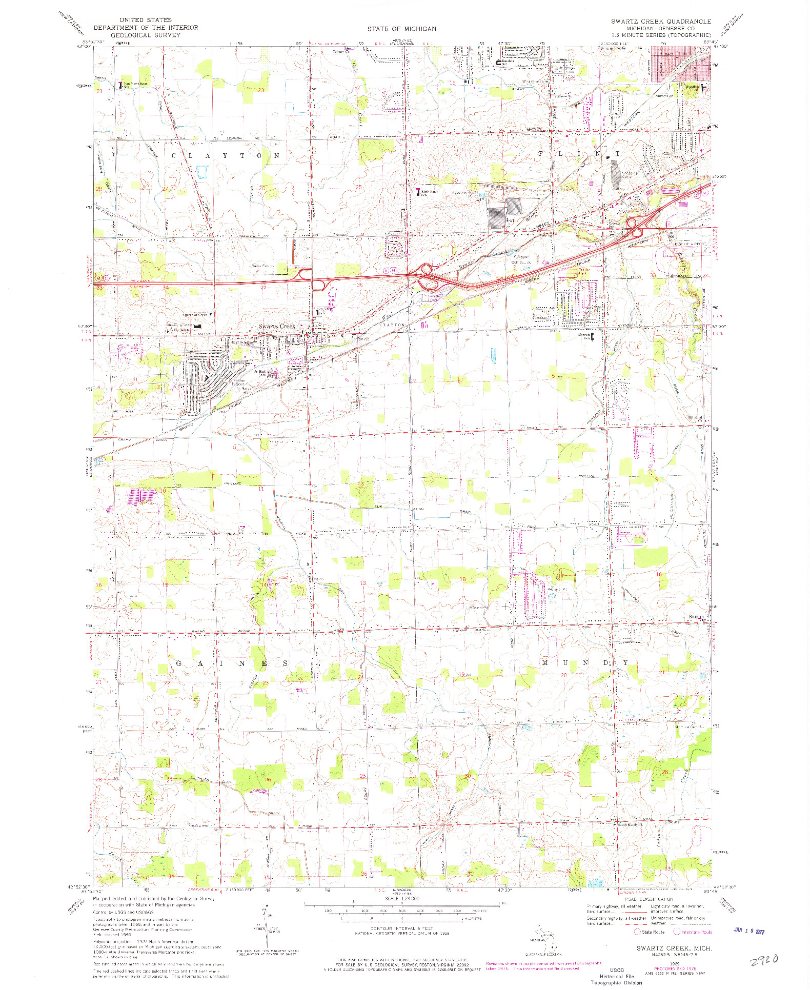 USGS 1:24000-SCALE QUADRANGLE FOR SWARTZ CREEK, MI 1969