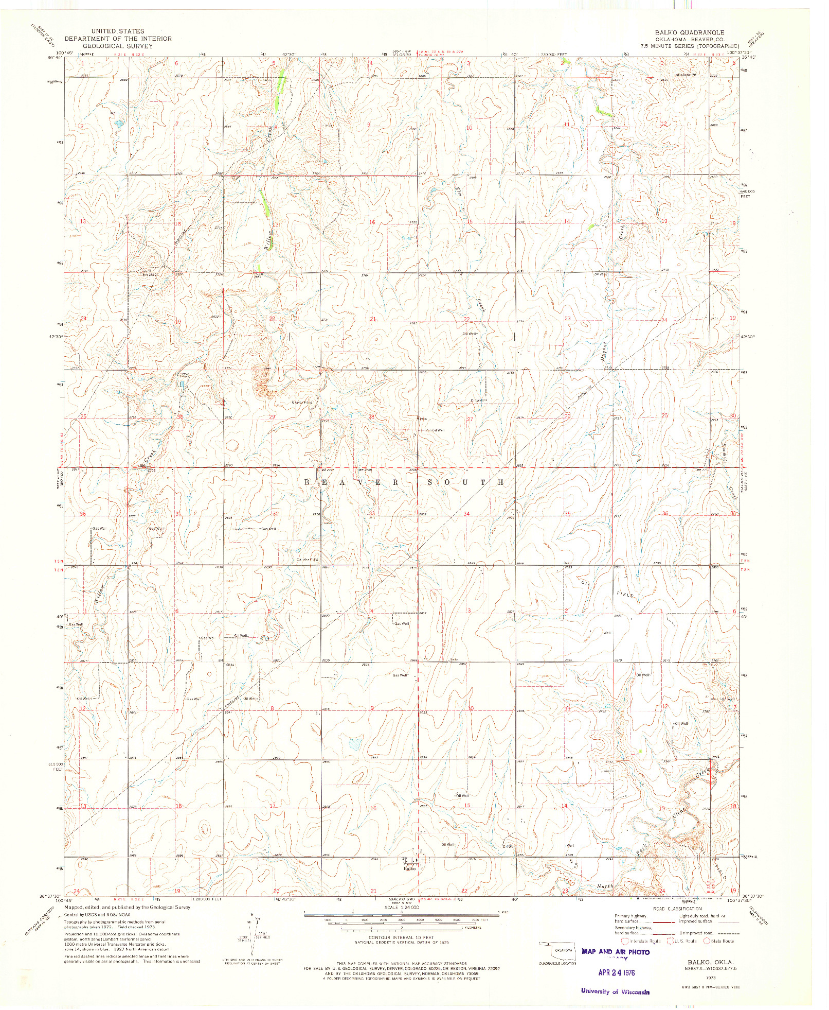 USGS 1:24000-SCALE QUADRANGLE FOR BALKO, OK 1973