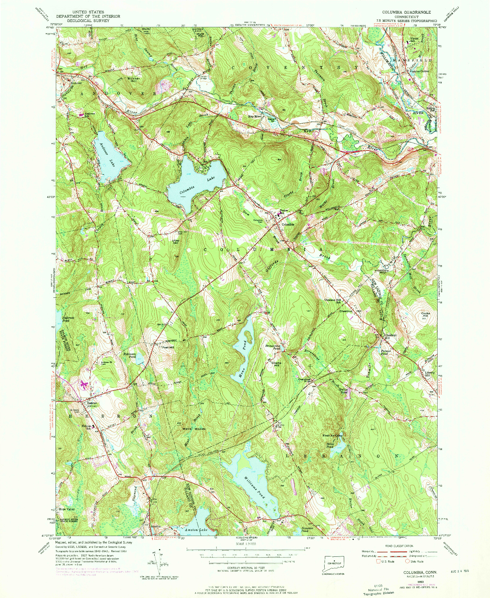 USGS 1:24000-SCALE QUADRANGLE FOR COLUMBIA, CT 1953