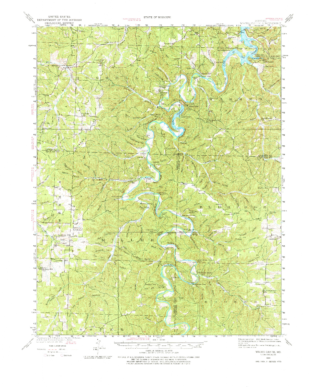USGS 1:62500-SCALE QUADRANGLE FOR MACKS CREEK, MO 1934