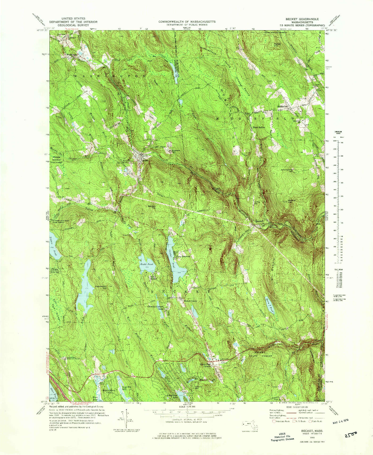 USGS 1:25000-SCALE QUADRANGLE FOR BECKET, MA 1973