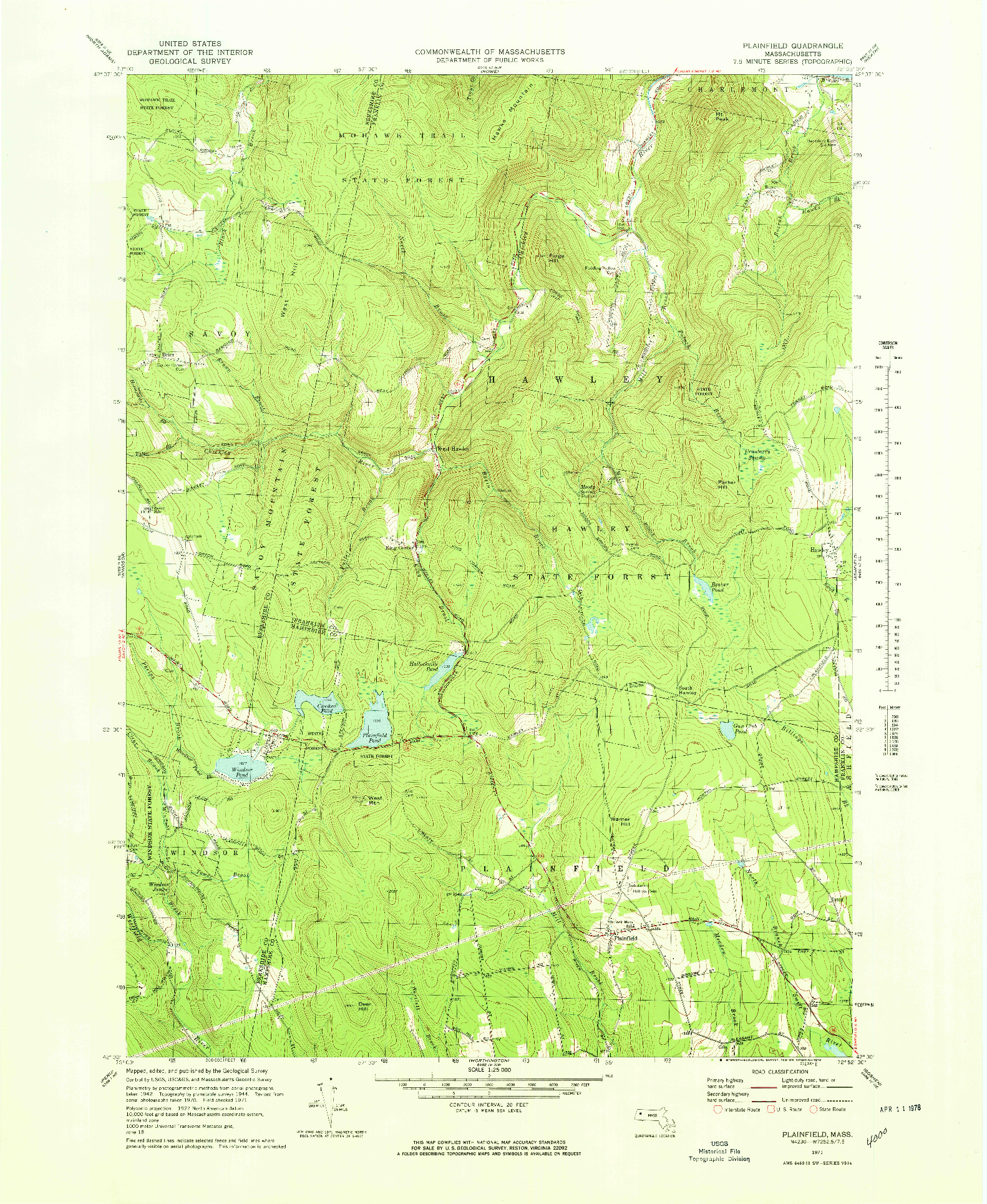 USGS 1:25000-SCALE QUADRANGLE FOR PLAINFIELD, MA 1971