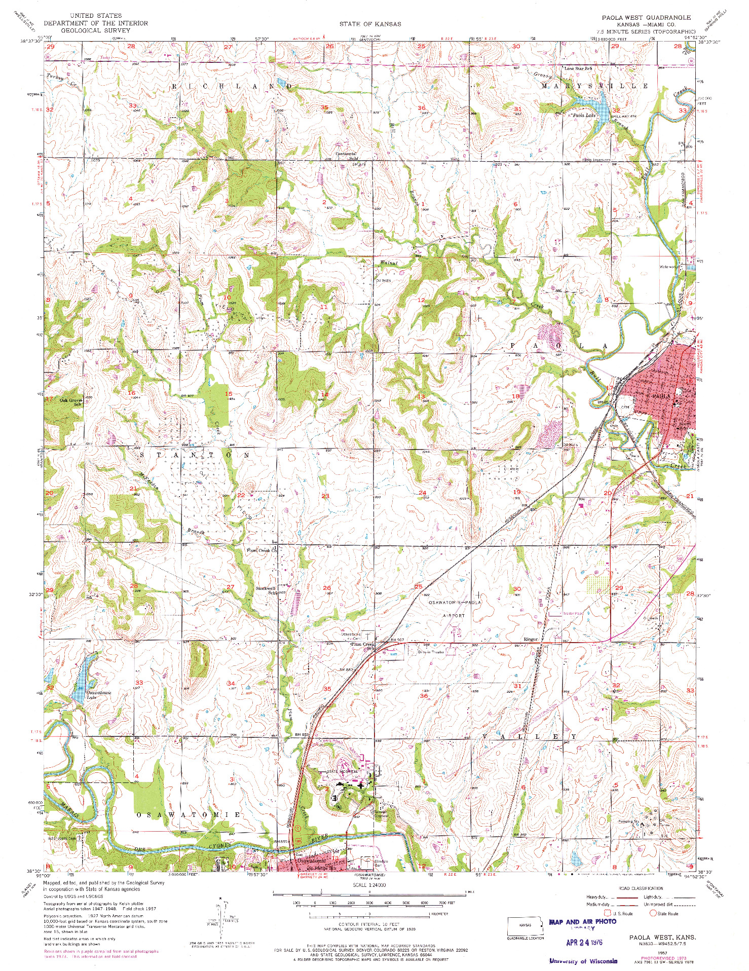 USGS 1:24000-SCALE QUADRANGLE FOR PAOLA WEST, KS 1957