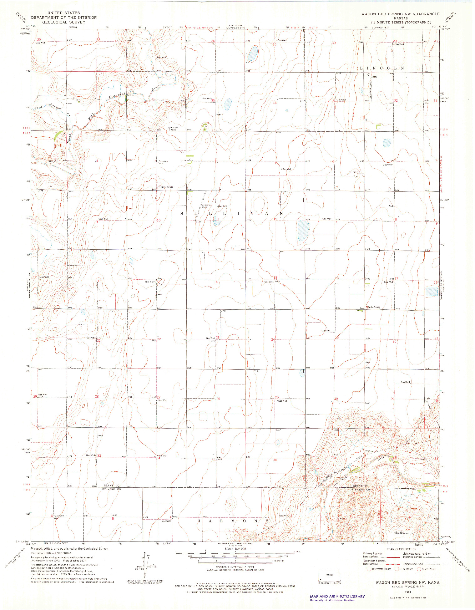 USGS 1:24000-SCALE QUADRANGLE FOR WAGON BED SPRING NW, KS 1974