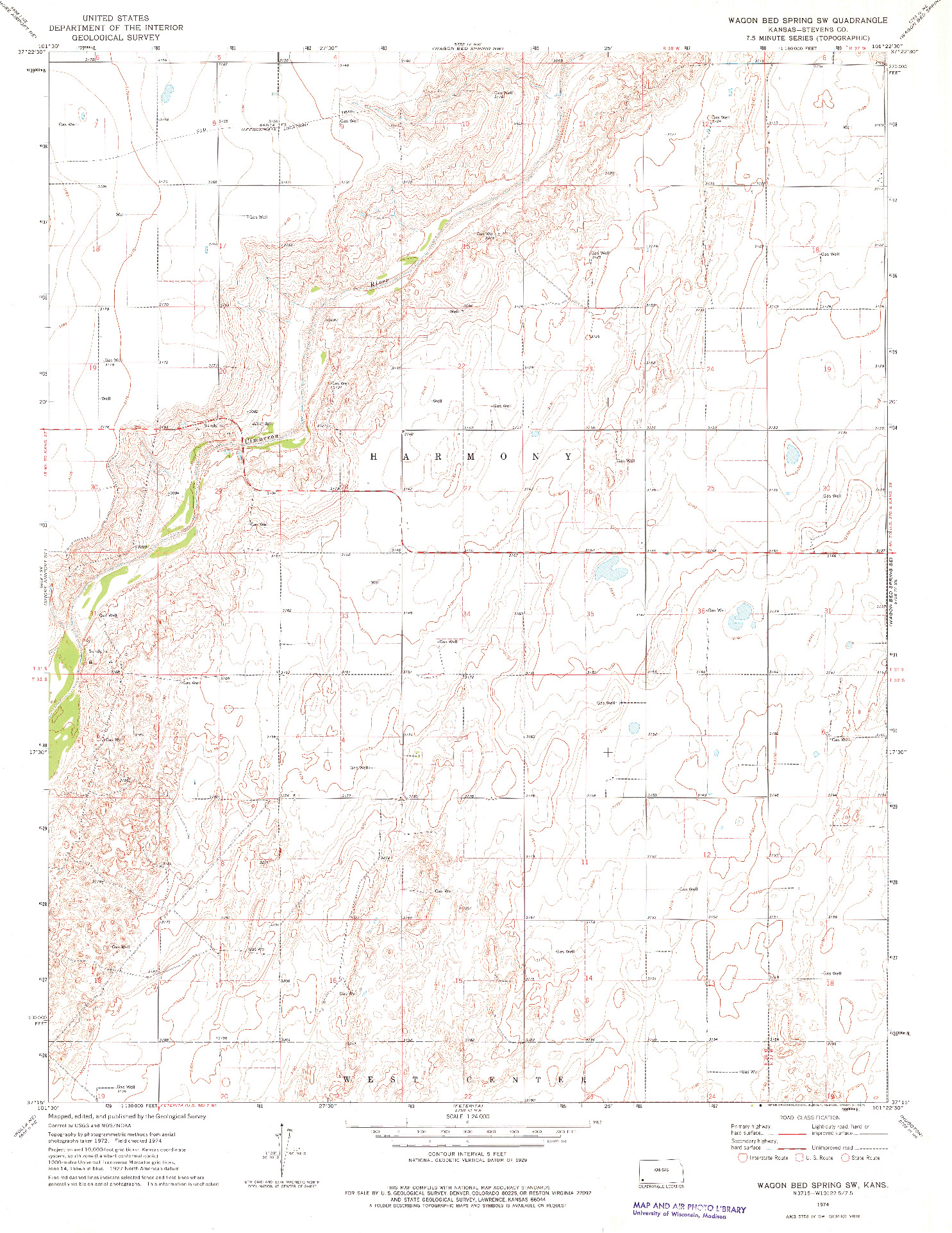 USGS 1:24000-SCALE QUADRANGLE FOR WAGON BED SPRING SW, KS 1974