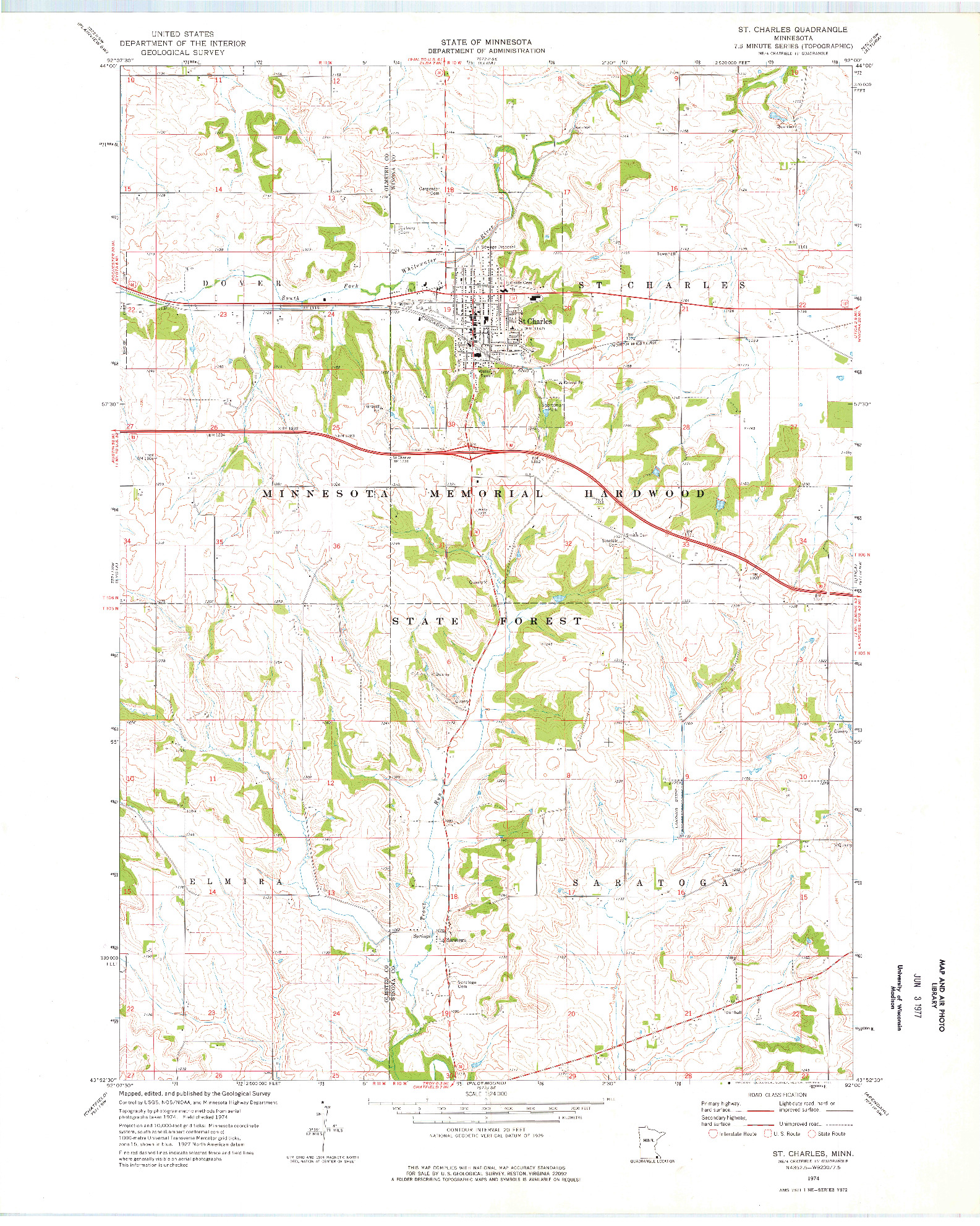 USGS 1:24000-SCALE QUADRANGLE FOR ST CHARLES, MN 1974