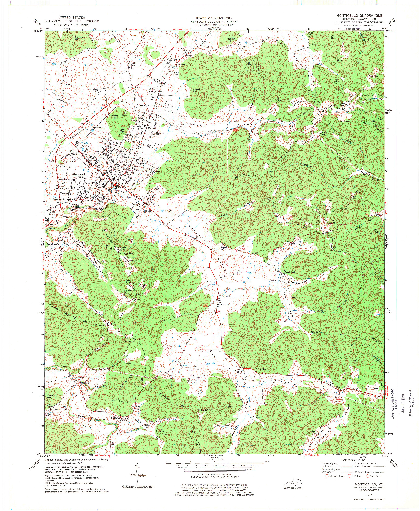 USGS 1:24000-SCALE QUADRANGLE FOR MONTICELLO, KY 1977