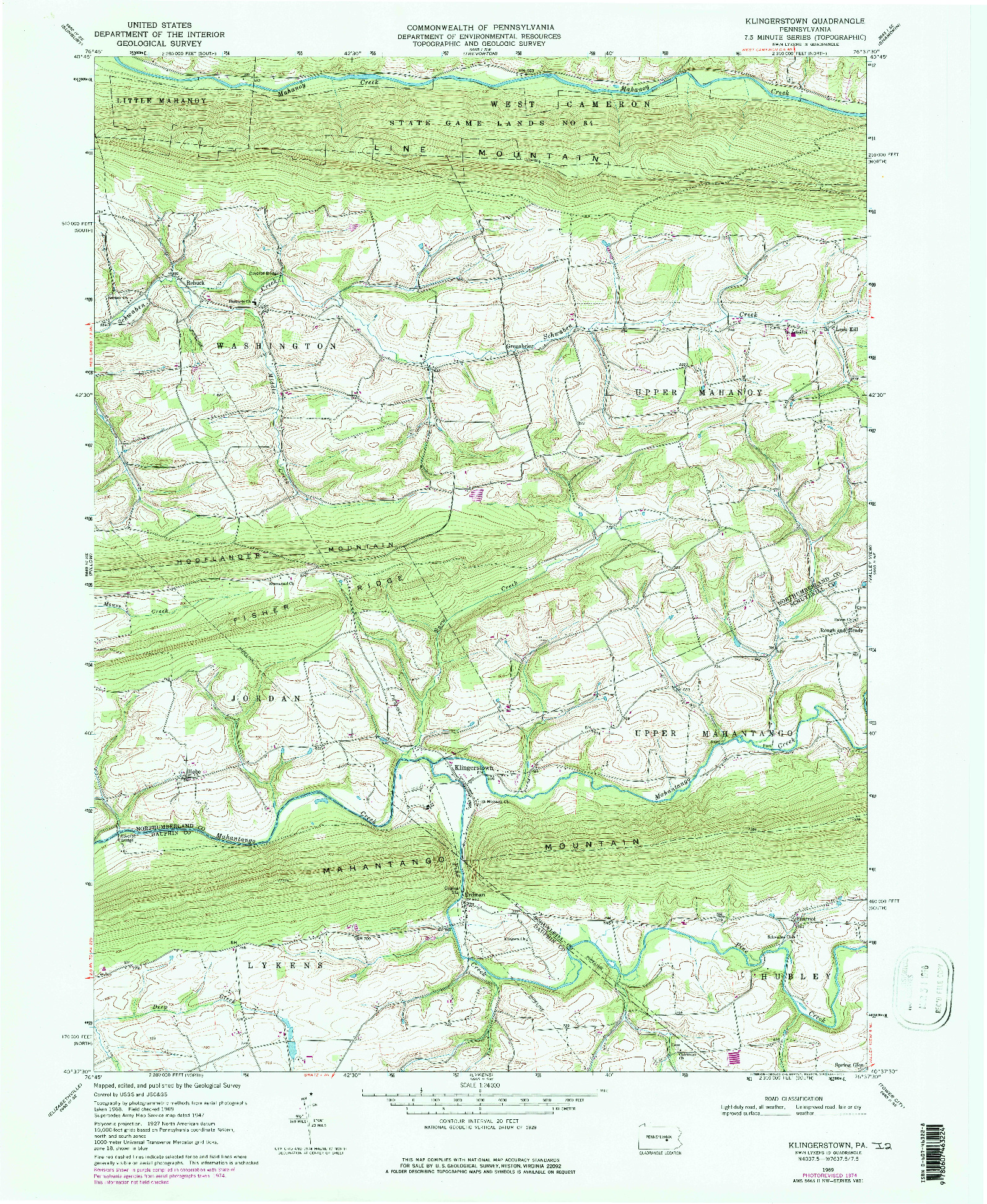 USGS 1:24000-SCALE QUADRANGLE FOR KLINGERSTOWN, PA 1969