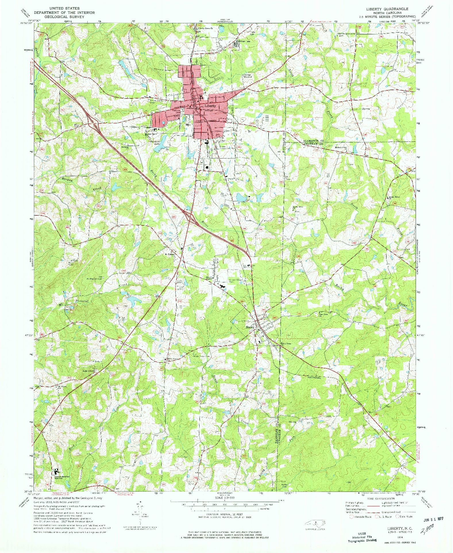 USGS 1:24000-SCALE QUADRANGLE FOR LIBERTY, NC 1974