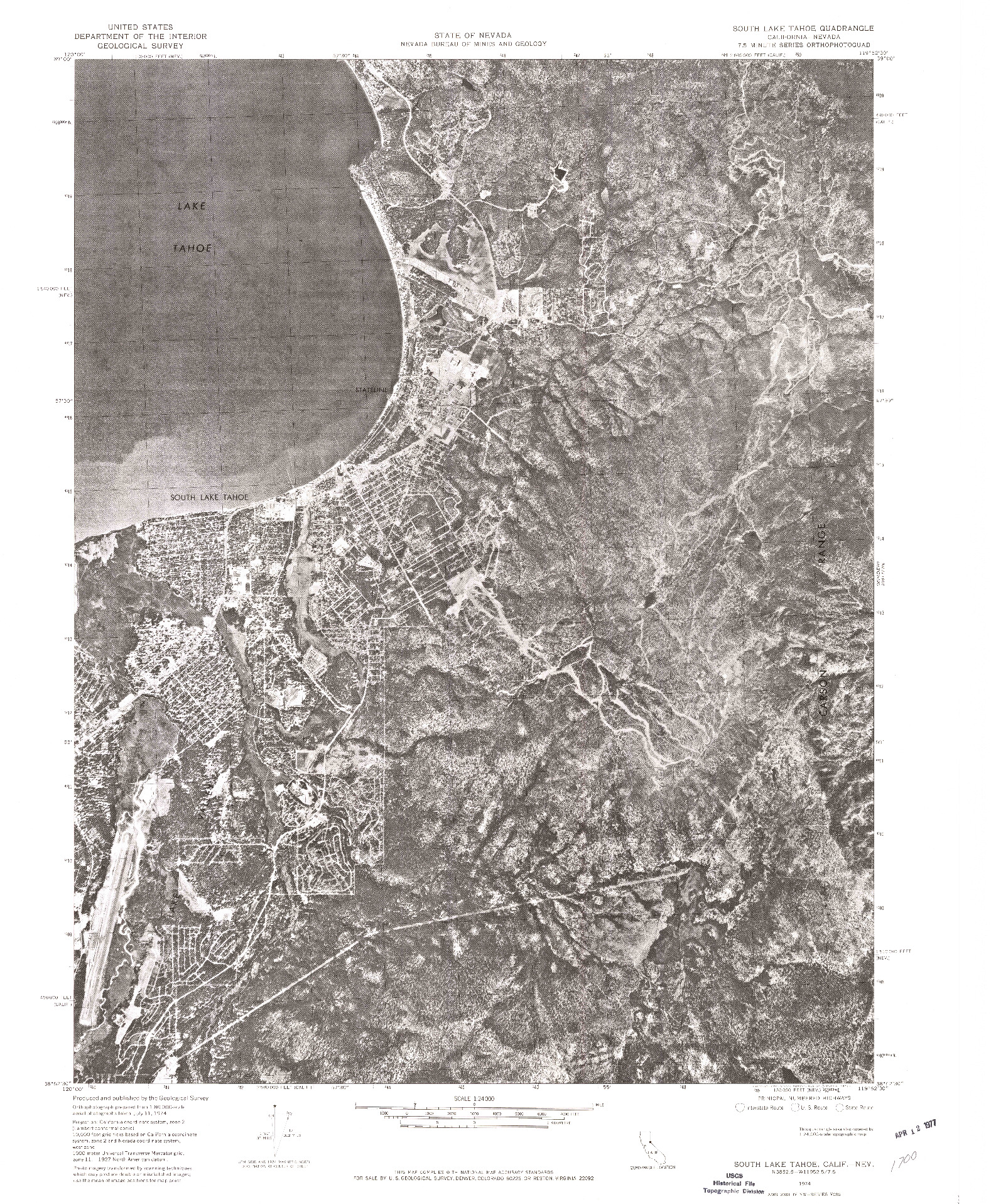 USGS 1:24000-SCALE QUADRANGLE FOR SOUTH LAKE TAHOE, CA 1974