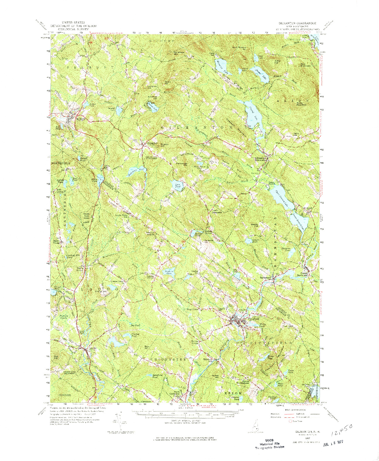 USGS 1:62500-SCALE QUADRANGLE FOR GILMANTON, NH 1957