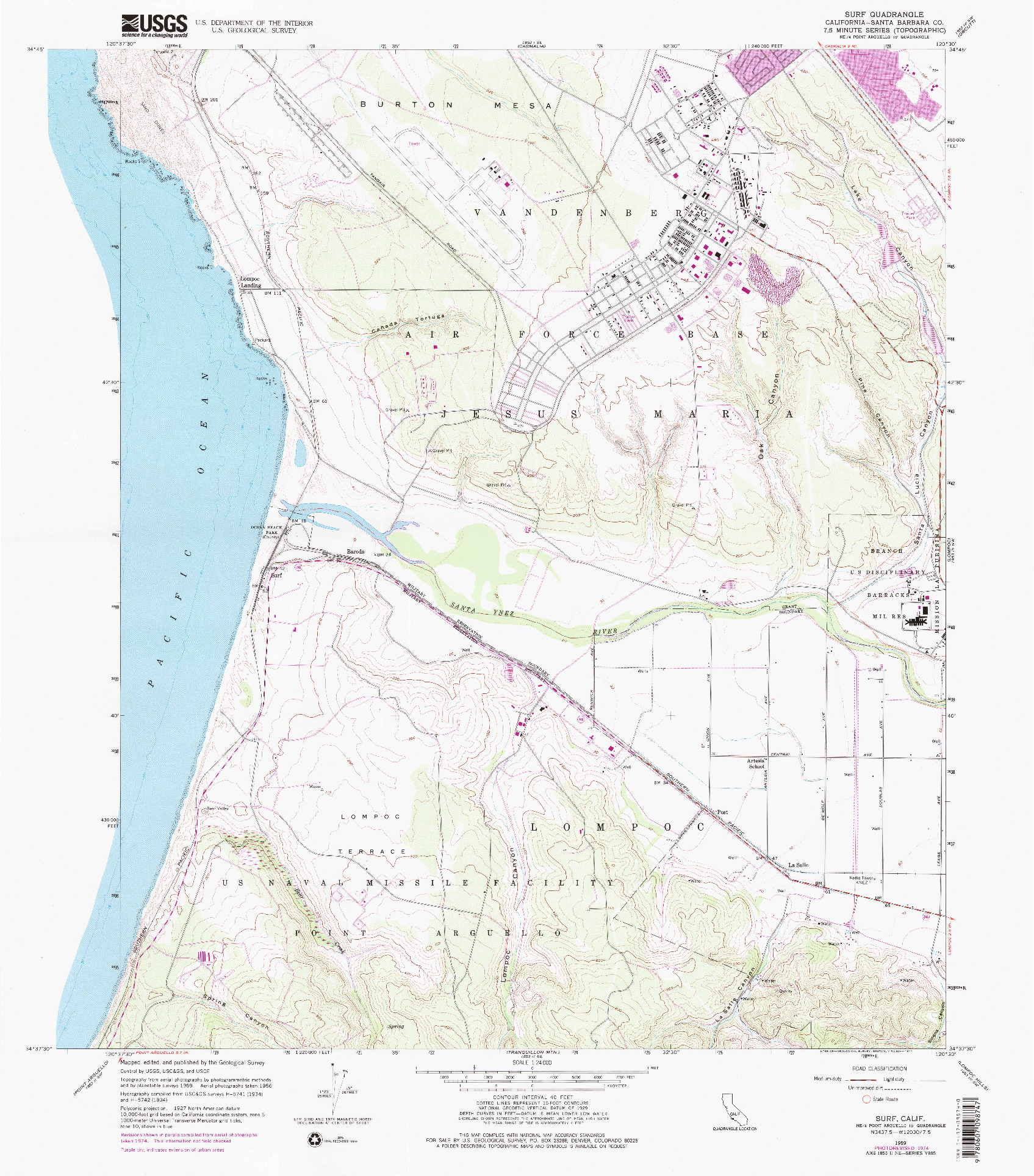 USGS 1:24000-SCALE QUADRANGLE FOR SURF, CA 1959