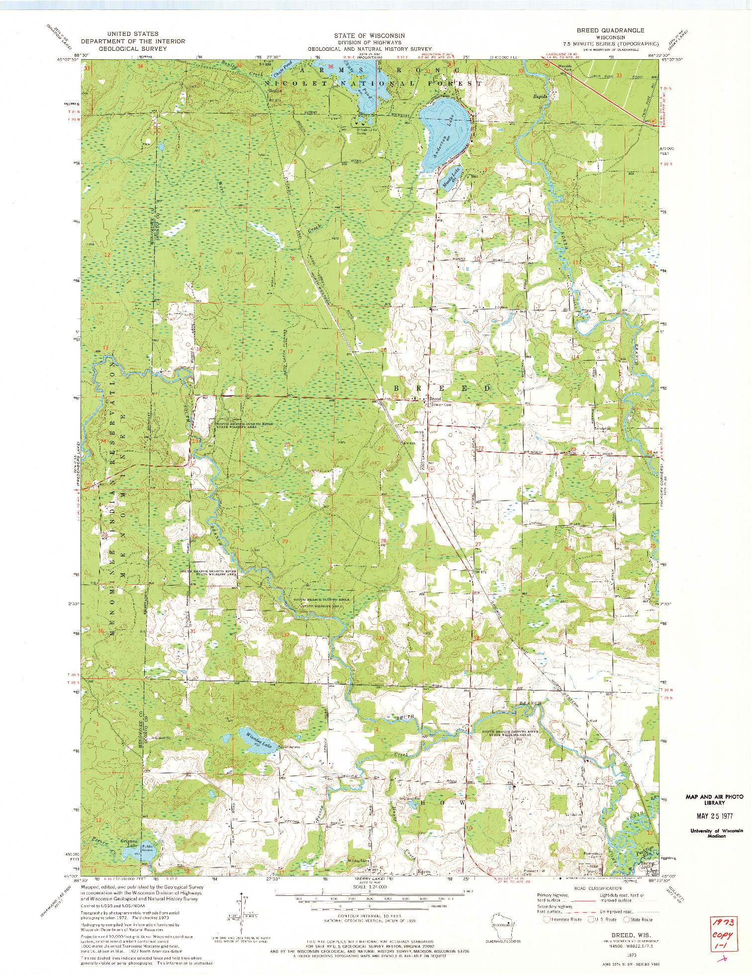 USGS 1:24000-SCALE QUADRANGLE FOR BREED, WI 1973