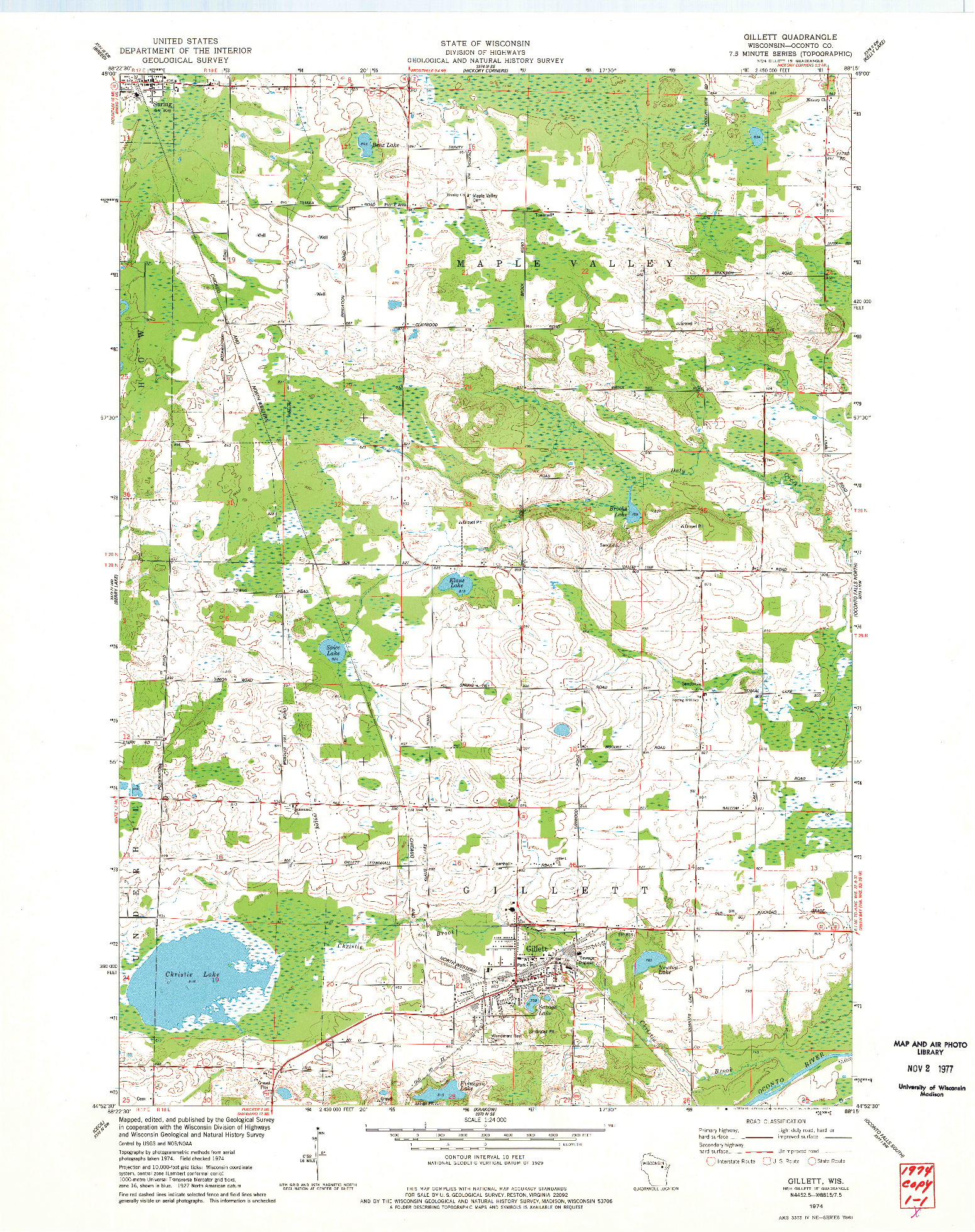 USGS 1:24000-SCALE QUADRANGLE FOR GILLETT, WI 1974