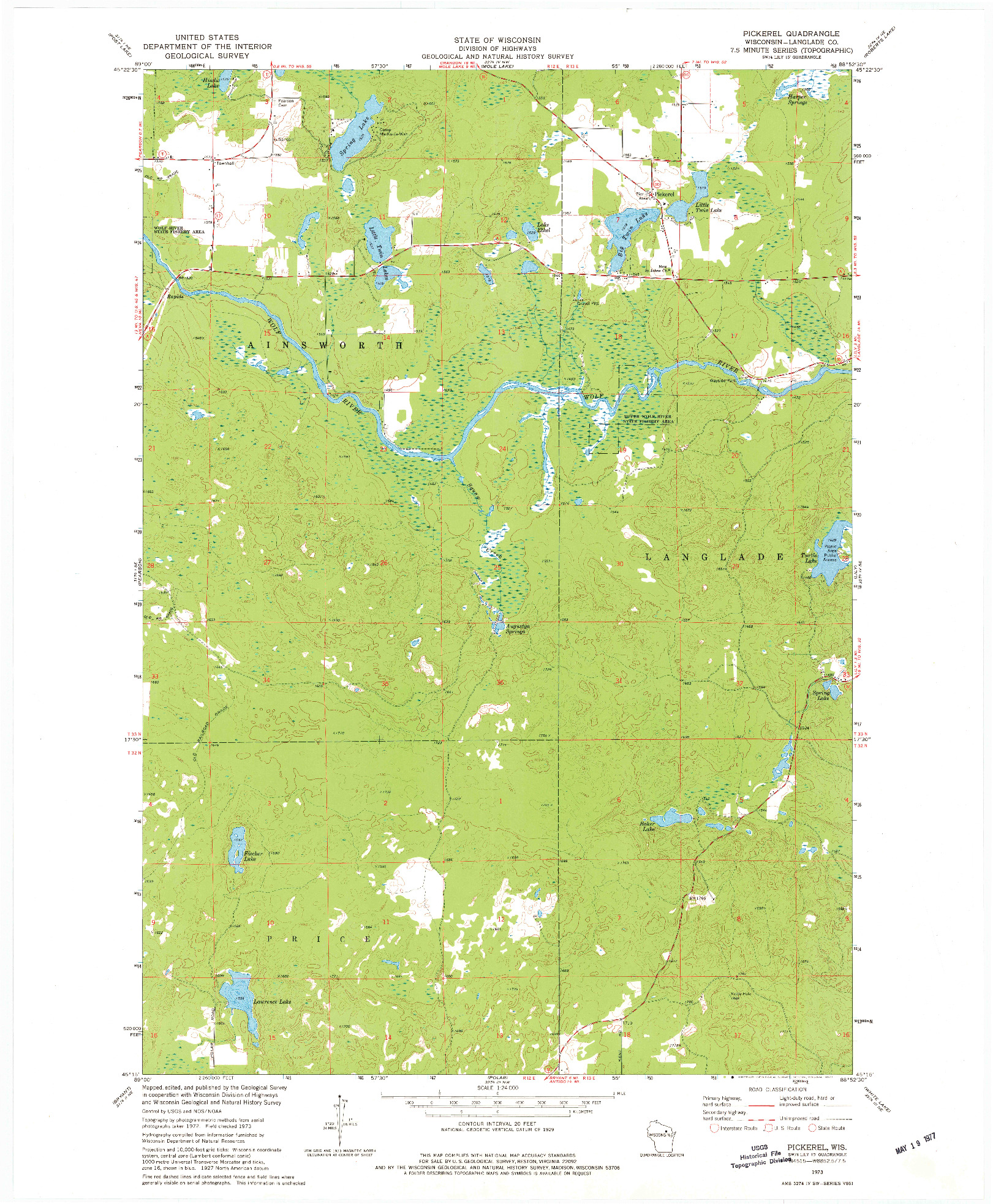 USGS 1:24000-SCALE QUADRANGLE FOR PICKEREL, WI 1973