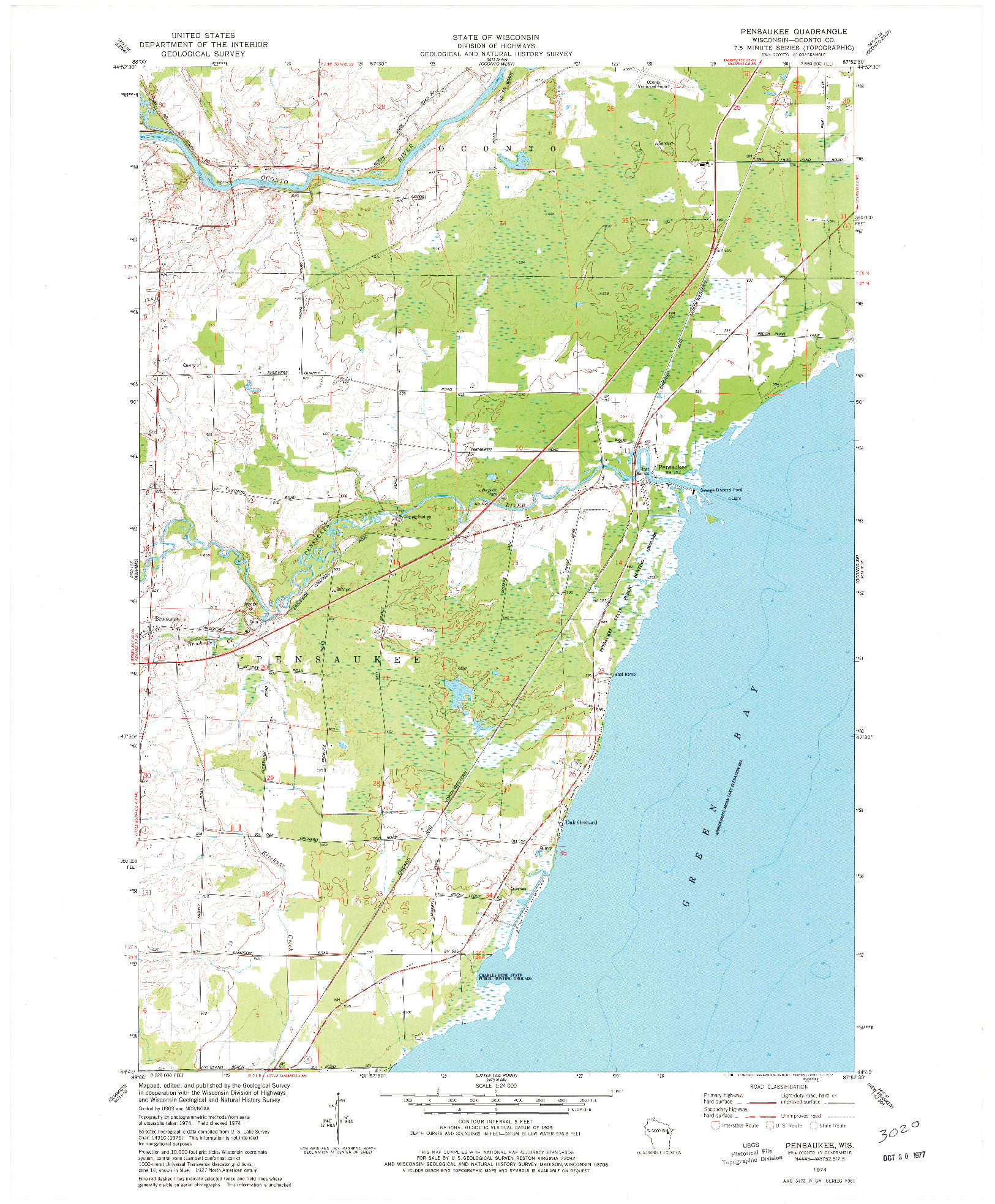 USGS 1:24000-SCALE QUADRANGLE FOR PENSAUKEE, WI 1974