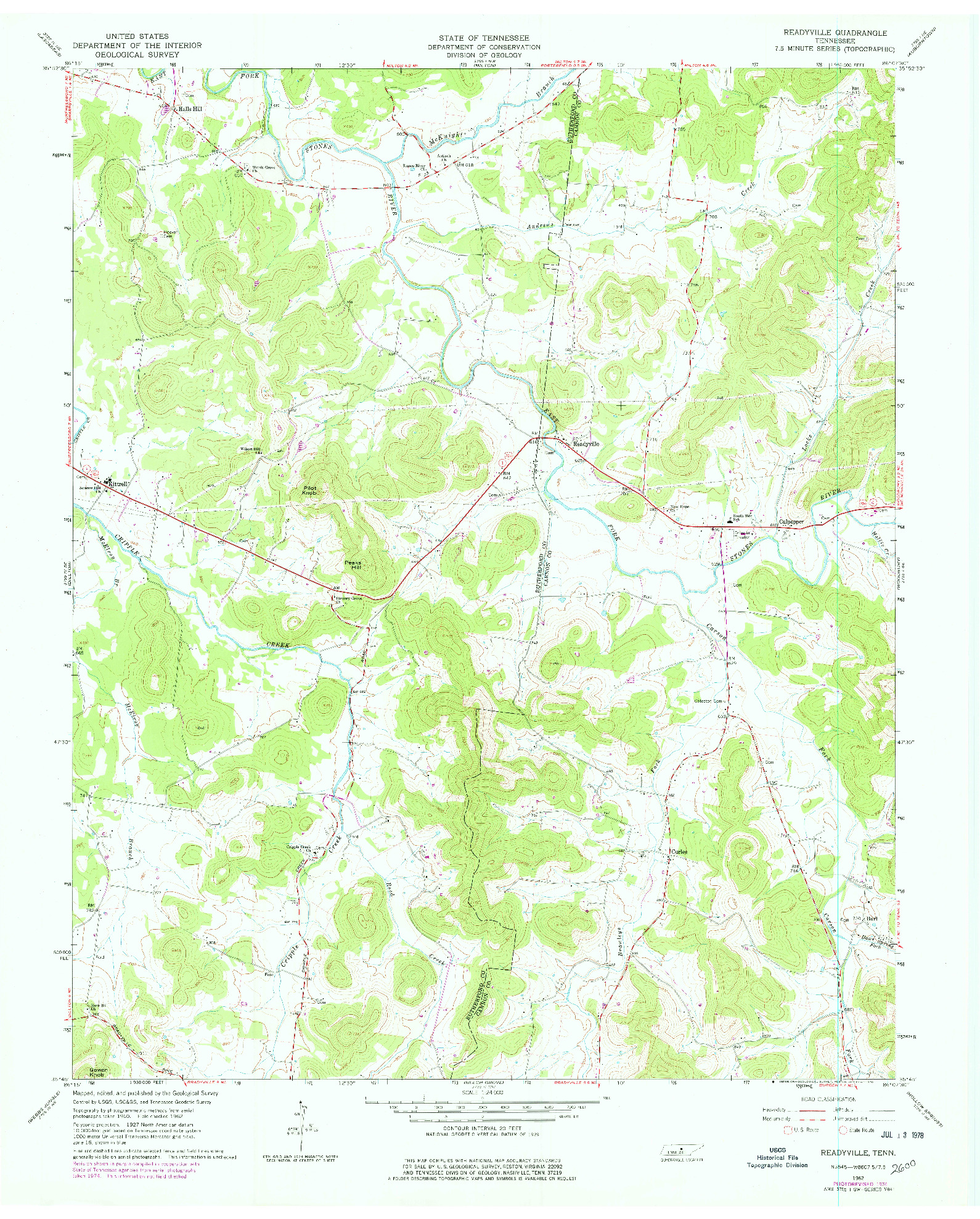 USGS 1:24000-SCALE QUADRANGLE FOR READYVILLE, TN 1962