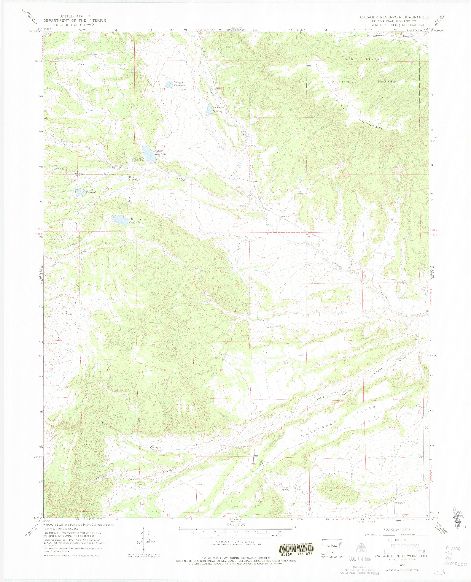 USGS 1:24000-SCALE QUADRANGLE FOR CREAGER RESERVOIR, CO 1967