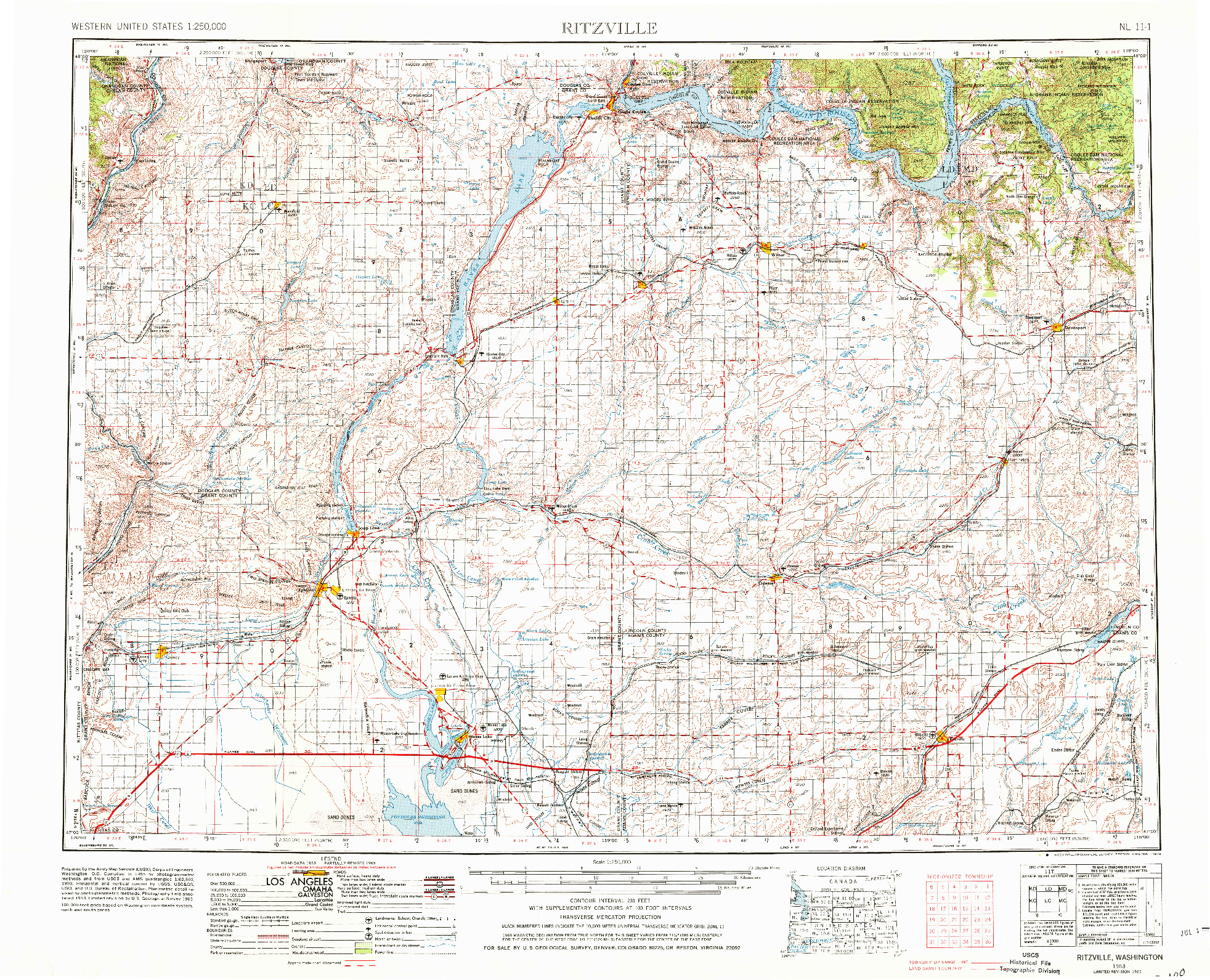 USGS 1:250000-SCALE QUADRANGLE FOR RITZVILLE, WA 1953