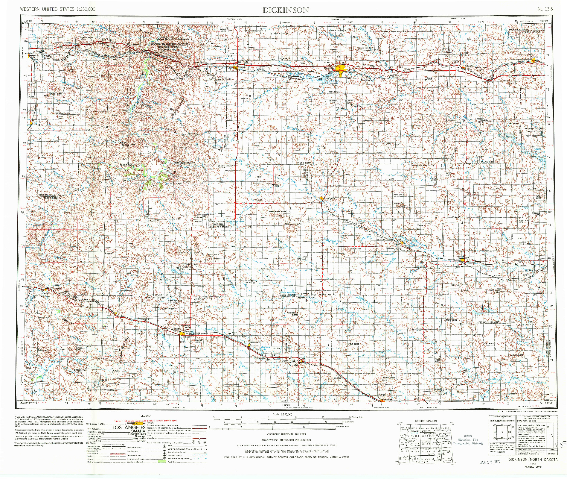 USGS 1:250000-SCALE QUADRANGLE FOR DICKINSON, ND 1953
