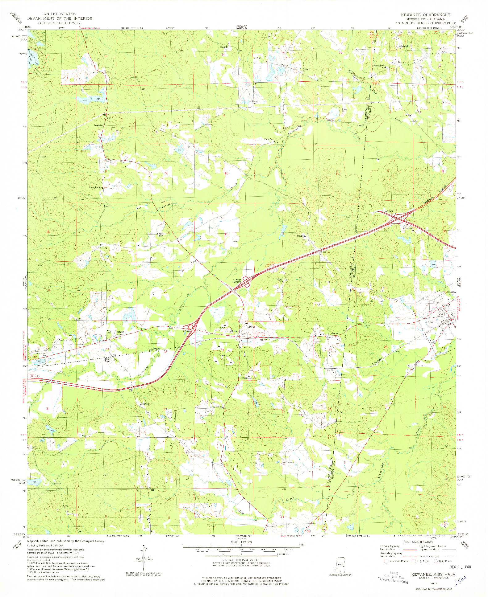 USGS 1:24000-SCALE QUADRANGLE FOR KEWANEE, MS 1974
