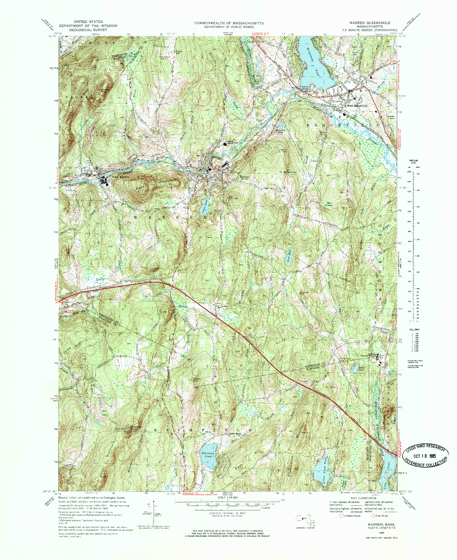USGS 1:25000-SCALE QUADRANGLE FOR WARREN, MA 1969