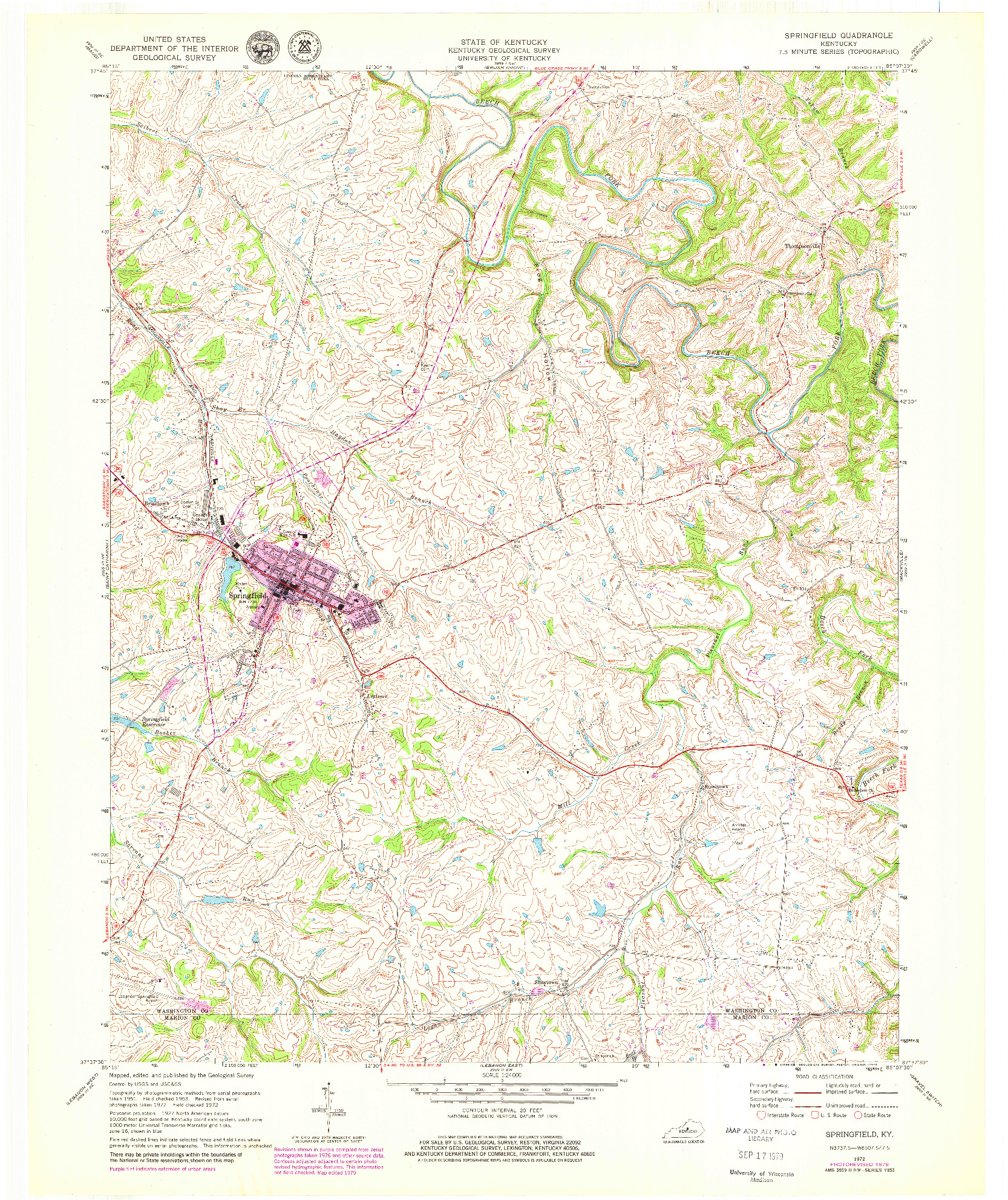 USGS 1:24000-SCALE QUADRANGLE FOR SPRINGFIELD, KY 1972